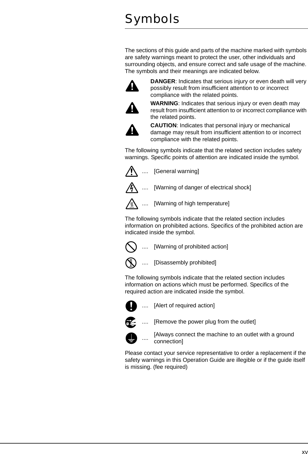xvSymbolsThe sections of this guide and parts of the machine marked with symbols are safety warnings meant to protect the user, other individuals and surrounding objects, and ensure correct and safe usage of the machine. The symbols and their meanings are indicated below.The following symbols indicate that the related section includes safety warnings. Specific points of attention are indicated inside the symbol.The following symbols indicate that the related section includes information on prohibited actions. Specifics of the prohibited action are indicated inside the symbol. The following symbols indicate that the related section includes information on actions which must be performed. Specifics of the required action are indicated inside the symbol.Please contact your service representative to order a replacement if the safety warnings in this Operation Guide are illegible or if the guide itself is missing. (fee required)DANGER: Indicates that serious injury or even death will very possibly result from insufficient attention to or incorrect compliance with the related points.WARNING: Indicates that serious injury or even death may result from insufficient attention to or incorrect compliance with the related points.CAUTION: Indicates that personal injury or mechanical damage may result from insufficient attention to or incorrect compliance with the related points..... [General warning].... [Warning of danger of electrical shock].... [Warning of high temperature].... [Warning of prohibited action].... [Disassembly prohibited].... [Alert of required action].... [Remove the power plug from the outlet].... [Always connect the machine to an outlet with a ground connection]