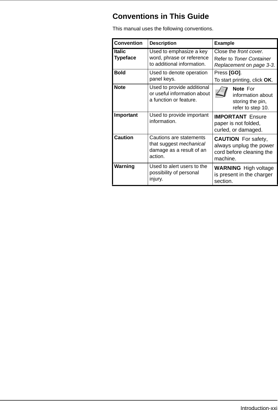 Introduction-xxiConventions in This GuideThis manual uses the following conventions.Convention Description ExampleItalic Typeface Used to emphasize a key word, phrase or reference to additional information.Close the front cover.Refer to Toner Container Replacement on page 3-3.Bold Used to denote operation panel keys.Press [GO].To start printing, click OK.Note Used to provide additional or useful information about a function or feature.Note For information about storing the pin, refer to step 10.Important Used to provide important information. IMPORTANT Ensure paper is not folded, curled, or damaged.Caution Cautions are statements that suggest mechanical damage as a result of an action.CAUTION  For safety, always unplug the power cord before cleaning the machine.Warning Used to alert users to the possibility of personal injury.WARNING High voltage is present in the charger section.