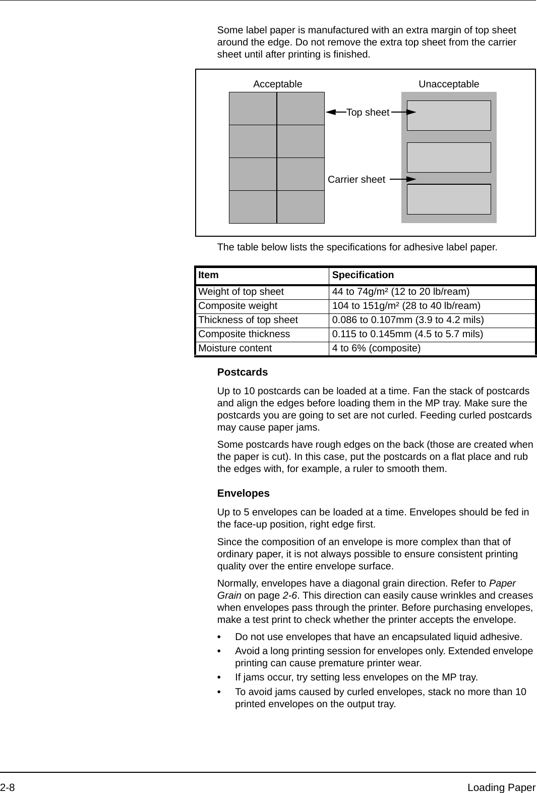 2-8 Loading PaperSome label paper is manufactured with an extra margin of top sheet around the edge. Do not remove the extra top sheet from the carrier sheet until after printing is finished.The table below lists the specifications for adhesive label paper.PostcardsUp to 10 postcards can be loaded at a time. Fan the stack of postcards and align the edges before loading them in the MP tray. Make sure the postcards you are going to set are not curled. Feeding curled postcards may cause paper jams.Some postcards have rough edges on the back (those are created when the paper is cut). In this case, put the postcards on a flat place and rub the edges with, for example, a ruler to smooth them.EnvelopesUp to 5 envelopes can be loaded at a time. Envelopes should be fed in the face-up position, right edge first.Since the composition of an envelope is more complex than that of ordinary paper, it is not always possible to ensure consistent printing quality over the entire envelope surface.Normally, envelopes have a diagonal grain direction. Refer to Paper Grain on page 2-6. This direction can easily cause wrinkles and creases when envelopes pass through the printer. Before purchasing envelopes, make a test print to check whether the printer accepts the envelope. •Do not use envelopes that have an encapsulated liquid adhesive.•Avoid a long printing session for envelopes only. Extended envelope printing can cause premature printer wear.•If jams occur, try setting less envelopes on the MP tray.•To avoid jams caused by curled envelopes, stack no more than 10 printed envelopes on the output tray. Top sheetUnacceptableAcceptableCarrier sheetItem SpecificationWeight of top sheet 44 to 74g/m² (12 to 20 lb/ream)Composite weight 104 to 151g/m² (28 to 40 lb/ream)Thickness of top sheet 0.086 to 0.107mm (3.9 to 4.2 mils)Composite thickness 0.115 to 0.145mm (4.5 to 5.7 mils)Moisture content 4 to 6% (composite)