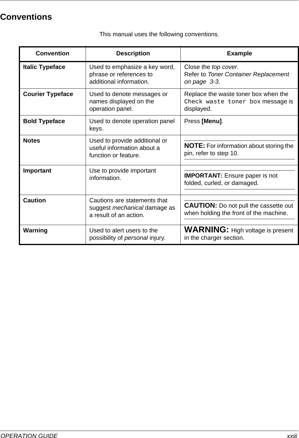  OPERATION GUIDE xxiiiConventionsThis manual uses the following conventions.Convention Description ExampleItalic Typeface Used to emphasize a key word, phrase or references to additional information.Close the top cover.Refer to Toner Container Replacement on page  3-3.Courier Typeface Used to denote messages or names displayed on the operation panel.Replace the waste toner box when the Check waste toner box message is displayed.Bold Typeface Used to denote operation panel keys. Press [Menu].Notes Used to provide additional or useful information about a function or feature.NOTE: For information about storing the pin, refer to step 10.Important Use to provide important information. IMPORTANT: Ensure paper is not folded, curled, or damaged.Caution Cautions are statements that suggest mechanical damage as a result of an action.CAUTION: Do not pull the cassette out when holding the front of the machine.Warning Used to alert users to the possibility of personal injury. WARNING: High voltage is present in the charger section.