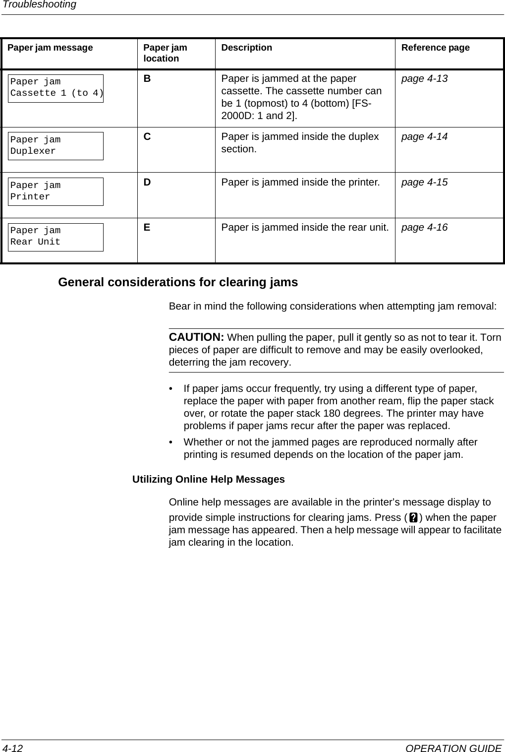 Troubleshooting 4-12 OPERATION GUIDEGeneral considerations for clearing jamsBear in mind the following considerations when attempting jam removal:CAUTION: When pulling the paper, pull it gently so as not to tear it. Torn pieces of paper are difficult to remove and may be easily overlooked, deterring the jam recovery.• If paper jams occur frequently, try using a different type of paper, replace the paper with paper from another ream, flip the paper stack over, or rotate the paper stack 180 degrees. The printer may have problems if paper jams recur after the paper was replaced.• Whether or not the jammed pages are reproduced normally after printing is resumed depends on the location of the paper jam.Utilizing Online Help MessagesOnline help messages are available in the printer’s message display to provide simple instructions for clearing jams. Press ( ) when the paper jam message has appeared. Then a help message will appear to facilitate jam clearing in the location.Paper jamCassette 1 (to 4)BPaper is jammed at the paper cassette. The cassette number can be 1 (topmost) to 4 (bottom) [FS-2000D: 1 and 2].page 4-13Paper jamDuplexerCPaper is jammed inside the duplex section. page 4-14Paper jamPrinterDPaper is jammed inside the printer. page 4-15Paper jamRear UnitEPaper is jammed inside the rear unit. page 4-16Paper jam message Paper jam location Description Reference page