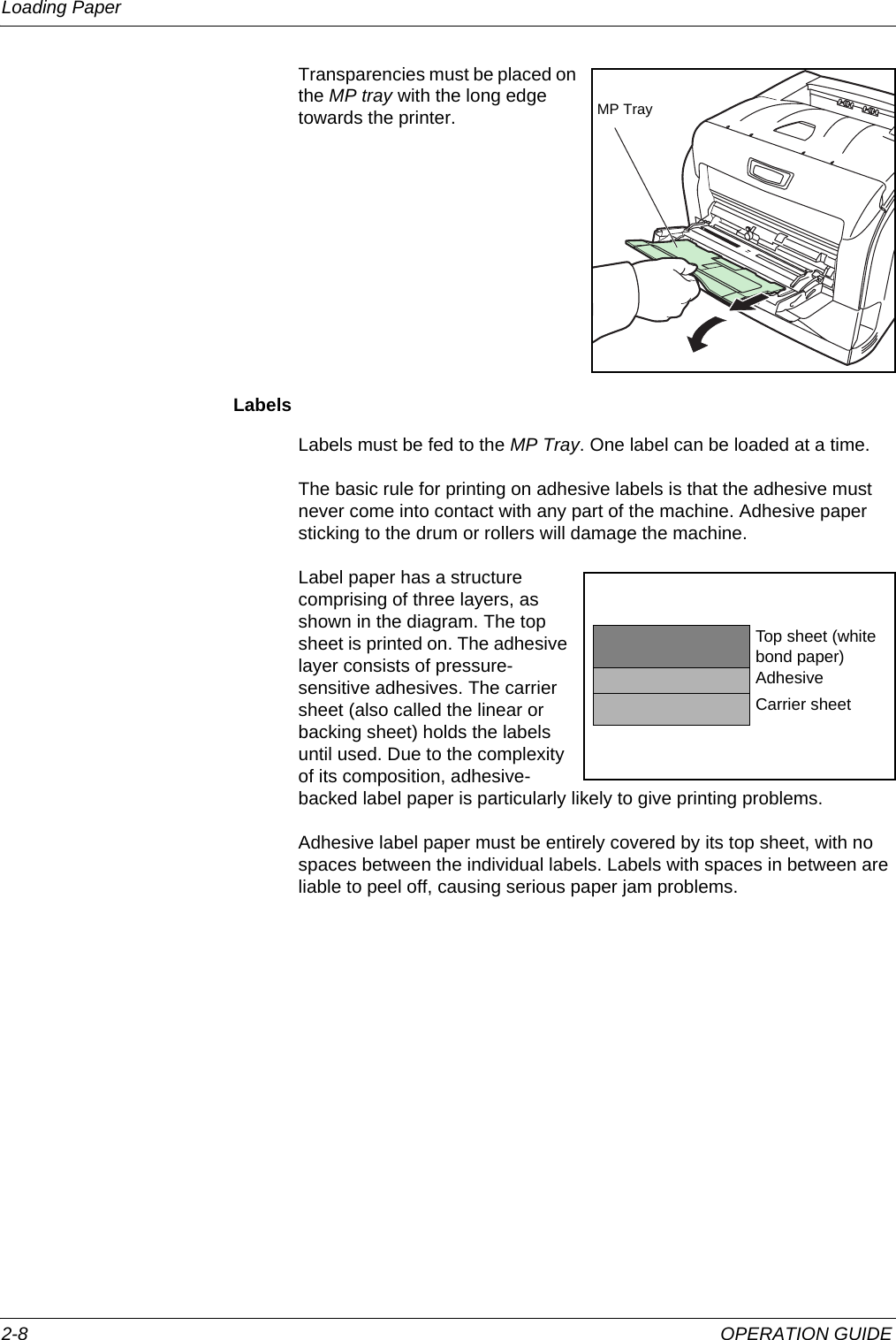 Loading Paper 2-8 OPERATION GUIDETransparencies must be placed on the MP tray with the long edge towards the printer.LabelsLabels must be fed to the MP Tray. One label can be loaded at a time.The basic rule for printing on adhesive labels is that the adhesive must never come into contact with any part of the machine. Adhesive paper sticking to the drum or rollers will damage the machine.Label paper has a structure comprising of three layers, as shown in the diagram. The top sheet is printed on. The adhesive layer consists of pressure-sensitive adhesives. The carrier sheet (also called the linear or backing sheet) holds the labels until used. Due to the complexity of its composition, adhesive-backed label paper is particularly likely to give printing problems.Adhesive label paper must be entirely covered by its top sheet, with no spaces between the individual labels. Labels with spaces in between are liable to peel off, causing serious paper jam problems.MP TrayTop sheet (white bond paper)AdhesiveCarrier sheet