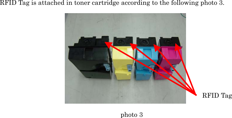   RFID Tag is attached in toner cartridge according to the following photo 3.  RFID Tag                                       photo 3 