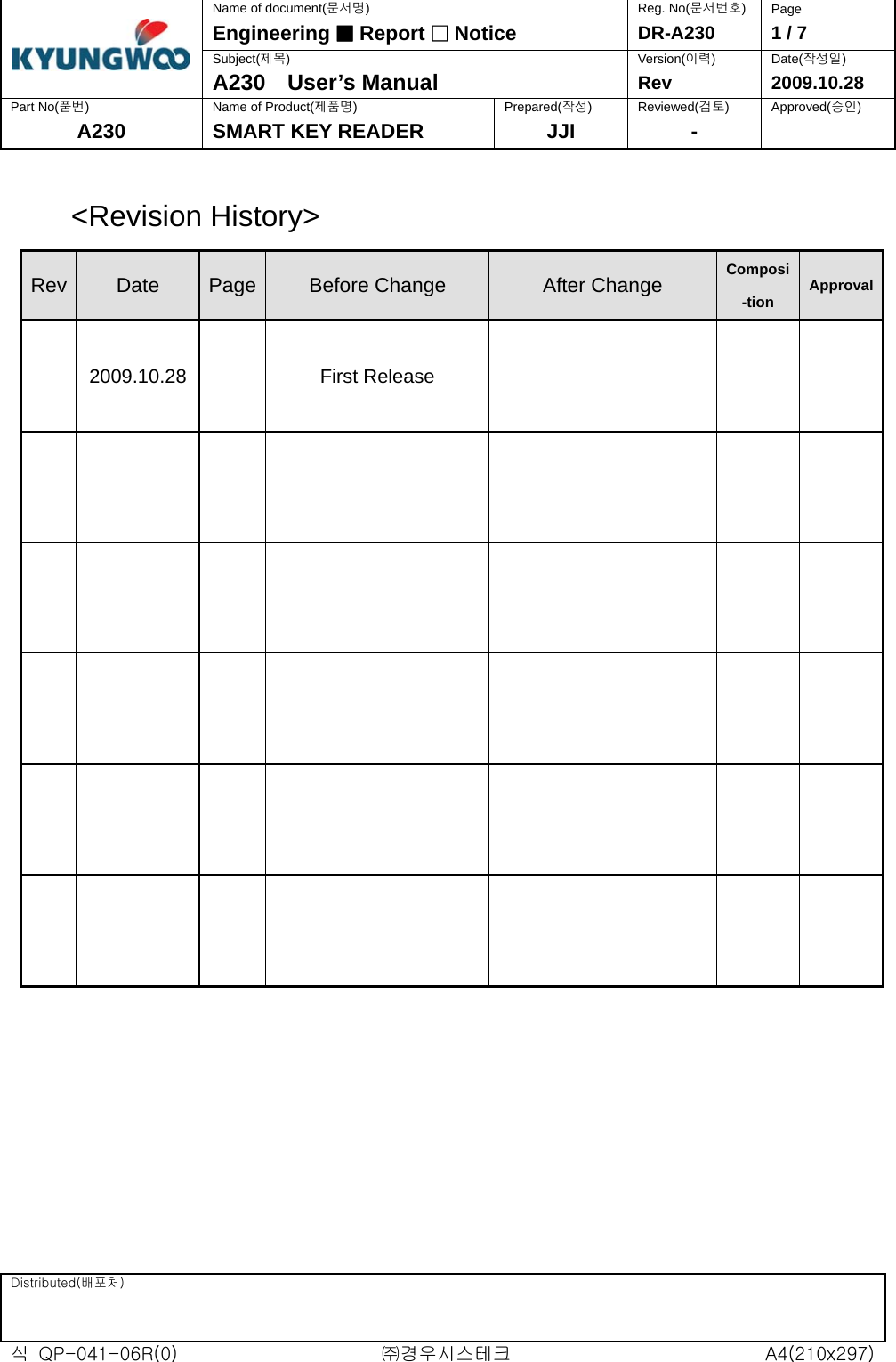  Distributed(배포처)         식  QP-041-06R(0)  ㈜경우시스테크  A4(210x297)  Name of document(문서명) Reg. No(문서번호)  Page Engineering ■ Report □ Notice DR-A230  1 /  Subject(제목) Version(이력) Date(작성일) A230  User’s Manual  Rev   2009.10.28 Part No(품번)  Name of Product(제품명) Prepared(작성) Reviewed(검토) Approved(승인) A230  SMART KEY READER  JJI  -    &lt;Revision History&gt; Rev  Date  Page  Before Change  After Change  Composi-tion Approval    2009.10.28    First Release                                                                