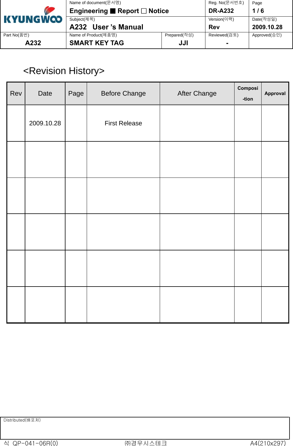  Distributed(배포처)         식  QP-041-06R(0)  ㈜경우시스테크  A4(210x297)  Name of document(문서명) Reg. No(문서번호)  Page Engineering ■ Report □ Notice DR-A232  1 / 6 Subject(제목) Version(이력) Date(작성일) A232  User ’s Manual  Rev   2009.10.28 Part No(품번)  Name of Product(제품명) Prepared(작성) Reviewed(검토) Approved(승인) A232  SMART KEY TAG  JJI  -    &lt;Revision History&gt; Rev  Date  Page  Before Change  After Change  Composi-tion Approval    2009.10.28    First Release                                                                