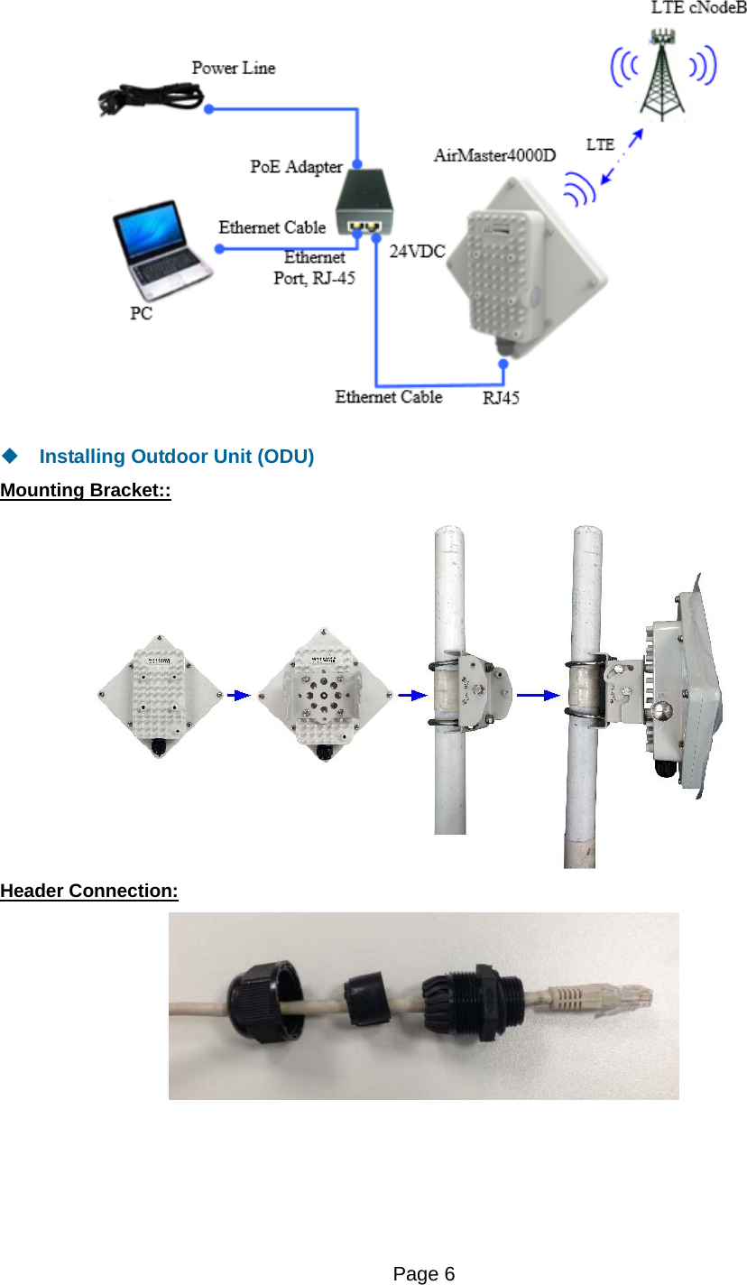 Page 6      Installing Outdoor Unit (ODU) Mounting Bracket::  Header Connection:      