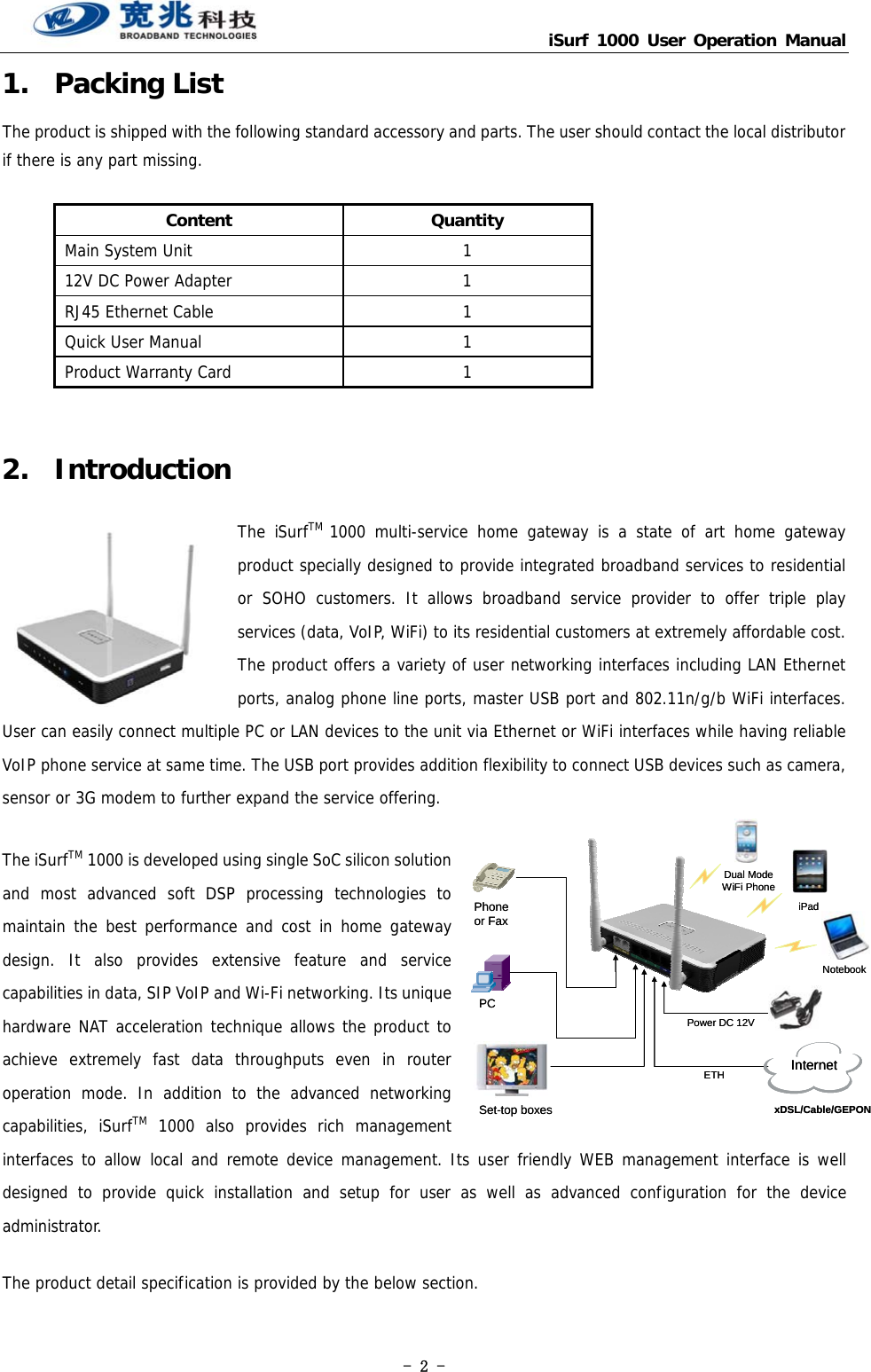                                   iSurf 1000 User Operation Manual - 2 - 1. Packing List The product is shipped with the following standard accessory and parts. The user should contact the local distributor if there is any part missing.   Content Quantity Main System Unit  1 12V DC Power Adapter  1 RJ45 Ethernet Cable  1 Quick User Manual  1 Product Warranty Card  1  2. Introduction The iSurfTM  1000 multi-service home gateway is a state of art home gateway product specially designed to provide integrated broadband services to residential or SOHO customers. It allows broadband service provider to offer triple play services (data, VoIP, WiFi) to its residential customers at extremely affordable cost. The product offers a variety of user networking interfaces including LAN Ethernet ports, analog phone line ports, master USB port and 802.11n/g/b WiFi interfaces. User can easily connect multiple PC or LAN devices to the unit via Ethernet or WiFi interfaces while having reliable VoIP phone service at same time. The USB port provides addition flexibility to connect USB devices such as camera, sensor or 3G modem to further expand the service offering. The iSurfTM 1000 is developed using single SoC silicon solution and most advanced soft DSP processing technologies to maintain the best performance and cost in home gateway design. It also provides extensive feature and service capabilities in data, SIP VoIP and Wi-Fi networking. Its unique hardware NAT acceleration technique allows the product to achieve extremely fast data throughputs even in router operation mode. In addition to the advanced networking capabilities, iSurfTM 1000 also provides rich management interfaces to allow local and remote device management. Its user friendly WEB management interface is well designed to provide quick installation and setup for user as well as advanced configuration for the device administrator.   The product detail specification is provided by the below section.    iPadPhone or FaxPCxDSL/Cable/GEPONSet-top boxesNotebookDual ModeWiFi PhonePower DC 12VETHInternetiPadPhone or FaxPCxDSL/Cable/GEPONSet-top boxesNotebookDual ModeWiFi PhonePower DC 12VETHInternetInternet