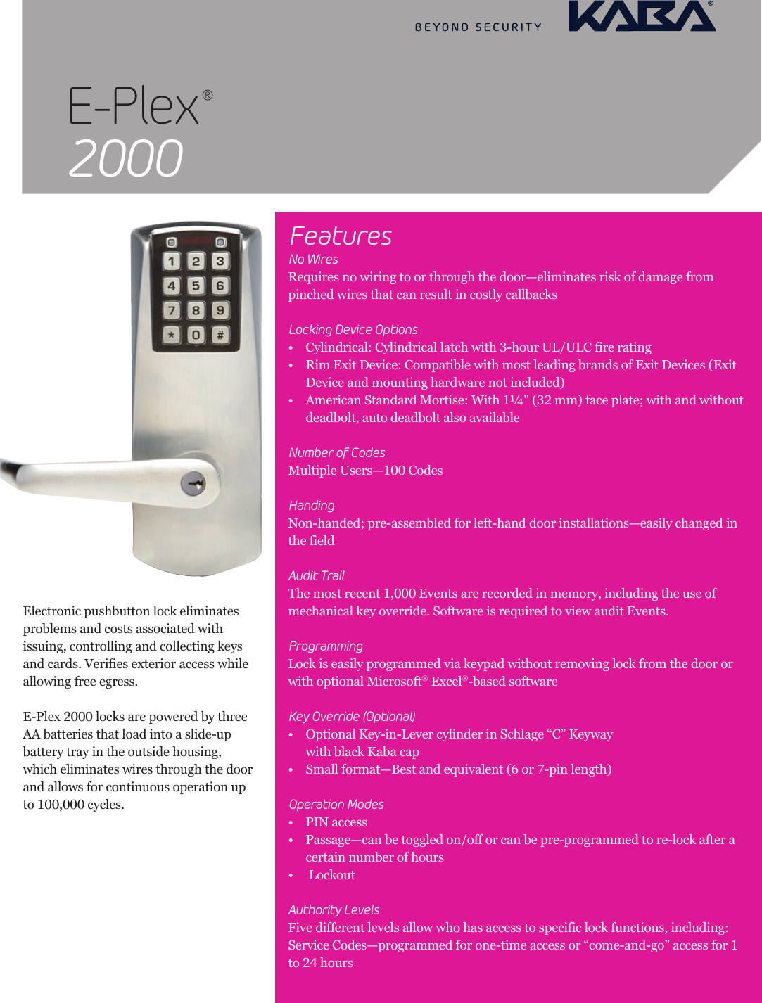 Kaba Access Technical Specifications For E Plex 2000 Electronic