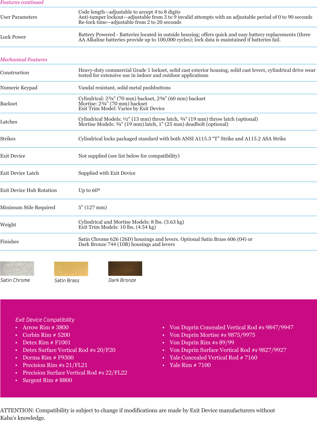 Kaba Access Technical Specifications For E Plex 2000 Electronic