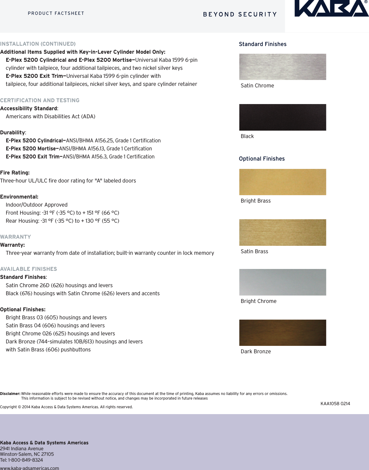 Page 4 of 4 - Kaba Access  Technical Specifications For E-Plex 5200 Electronic Pushbutton Locks E-plex-5200-series-specifications-kaa1058