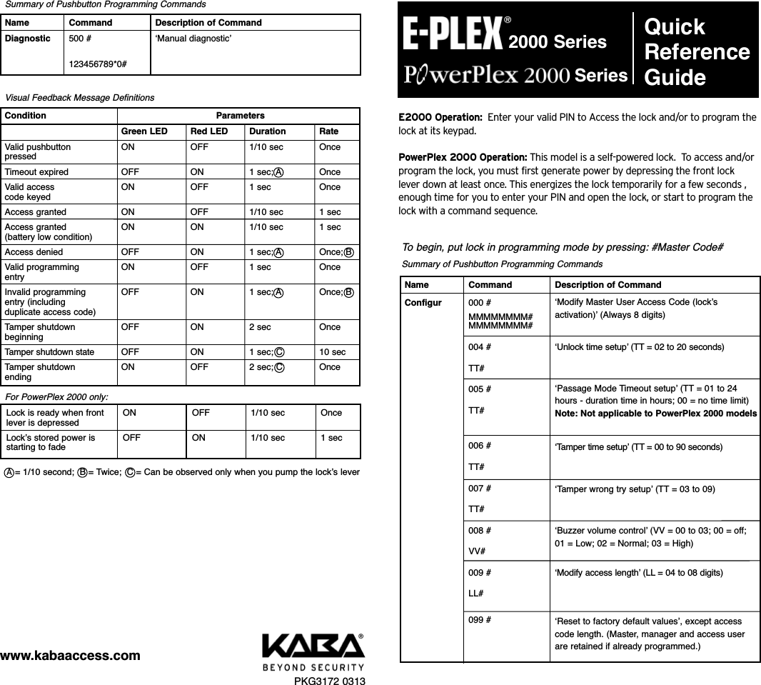 Page 1 of 2 - Kaba Access Operations Manual Lock Command Options With Descriptions - E-Plex/Power Plex 2000 Series E-plex-powerplex-2000-series-quick-reference-guide-pkg3172