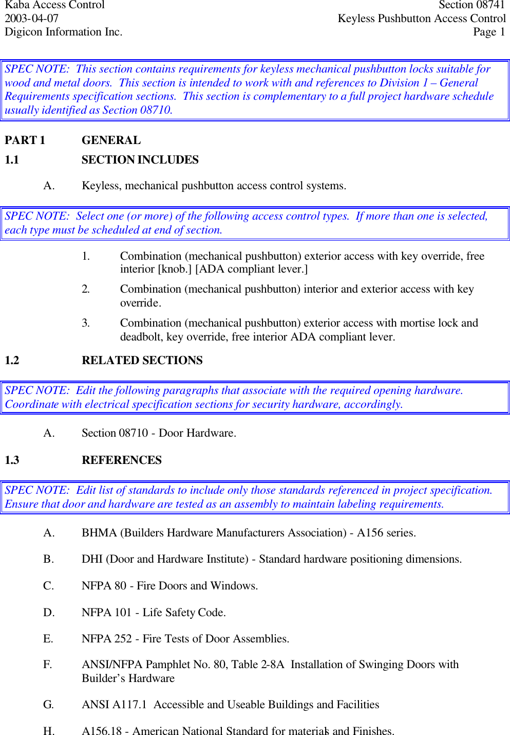 Page 1 of 6 - Kaba Access - Simplex 1000 Family CSI Specifications For Series Pushbutton Lock Solutions Simplex-1000-csi-specifications