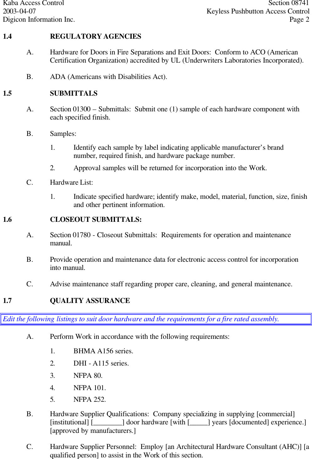 Page 2 of 6 - Kaba Access - Simplex 1000 Family CSI Specifications For Series Pushbutton Lock Solutions Simplex-1000-csi-specifications