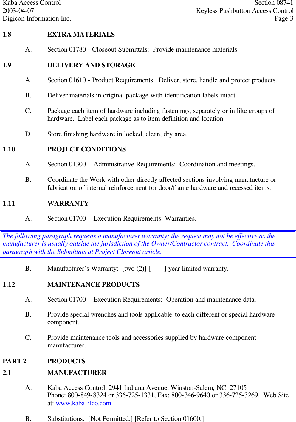 Page 3 of 6 - Kaba Access - Simplex 1000 Family CSI Specifications For Series Pushbutton Lock Solutions Simplex-1000-csi-specifications