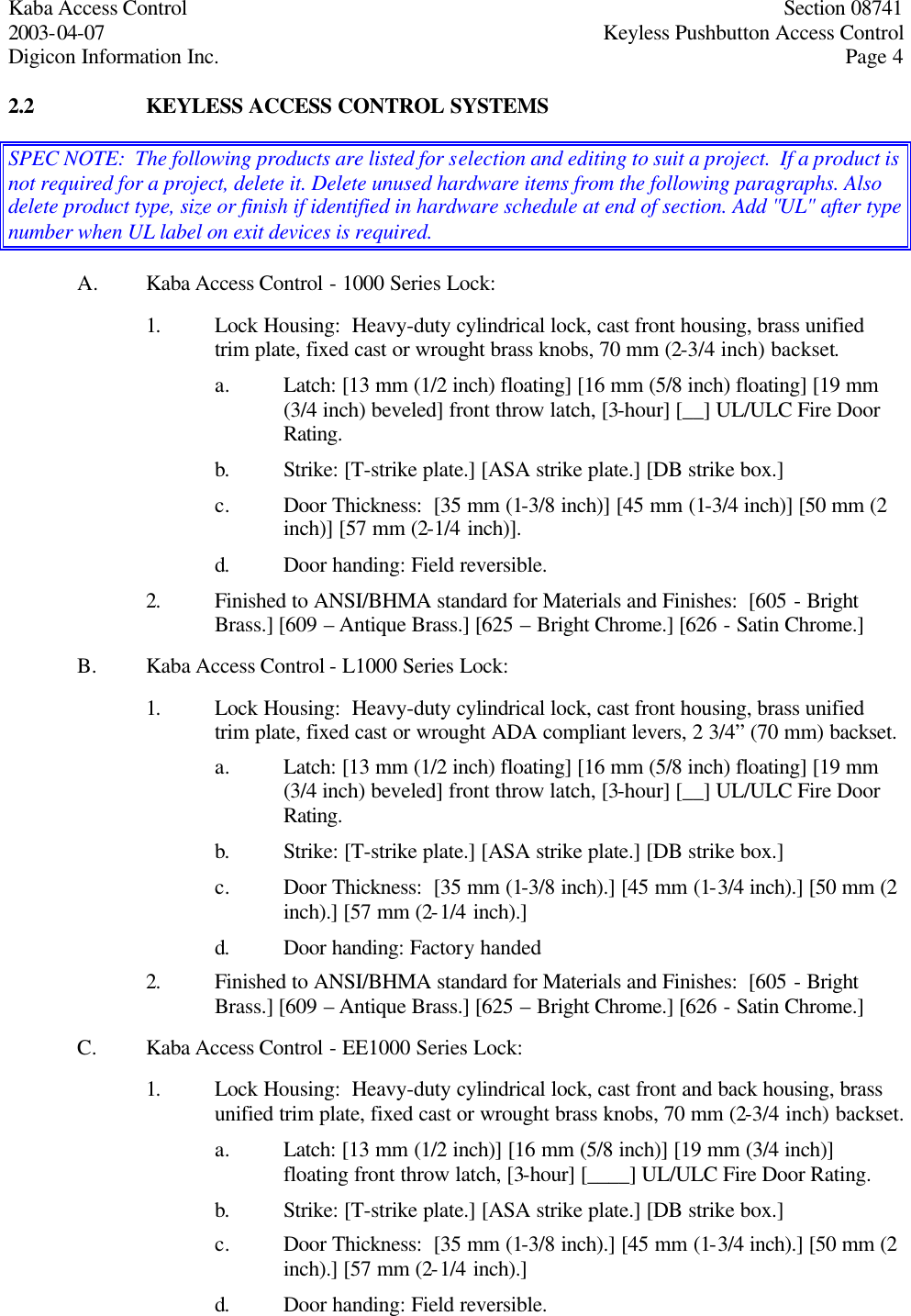 Page 4 of 6 - Kaba Access - Simplex 1000 Family CSI Specifications For Series Pushbutton Lock Solutions Simplex-1000-csi-specifications