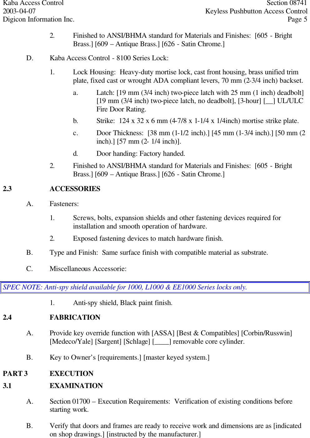 Page 5 of 6 - Kaba Access - Simplex 1000 Family CSI Specifications For Series Pushbutton Lock Solutions Simplex-1000-csi-specifications