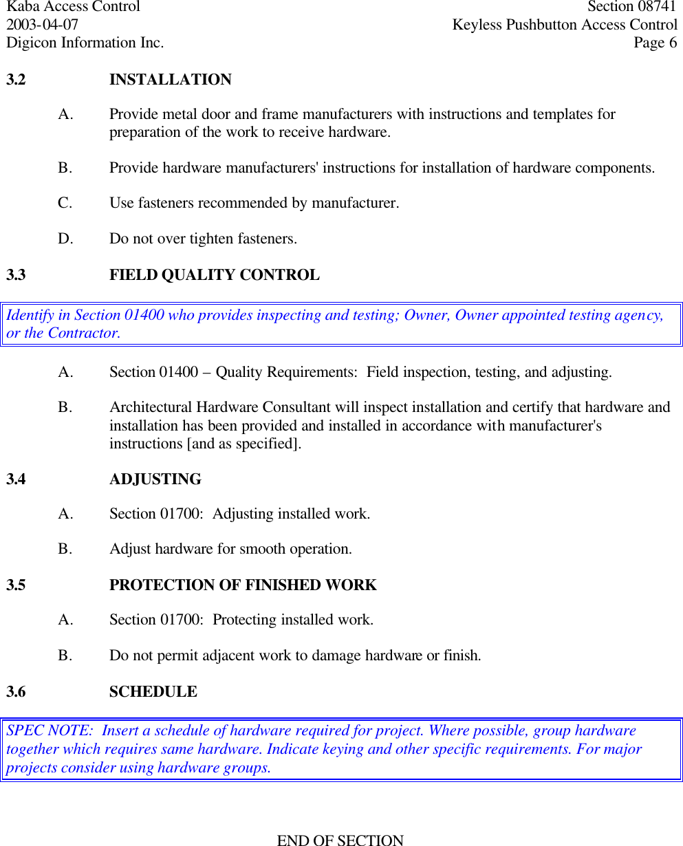 Page 6 of 6 - Kaba Access - Simplex 1000 Family CSI Specifications For Series Pushbutton Lock Solutions Simplex-1000-csi-specifications