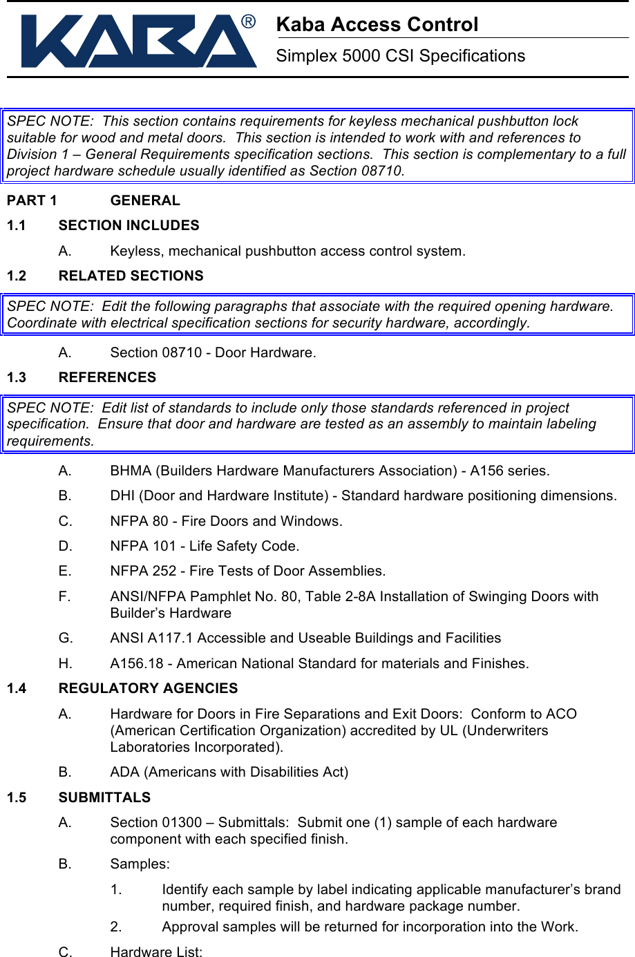 Page 1 of 4 - Kaba Access - Simplex 5000 CSI Specs For Binder Specifications Series Mechanical Pushbutton Locks Simplex-5000-csi-specifications