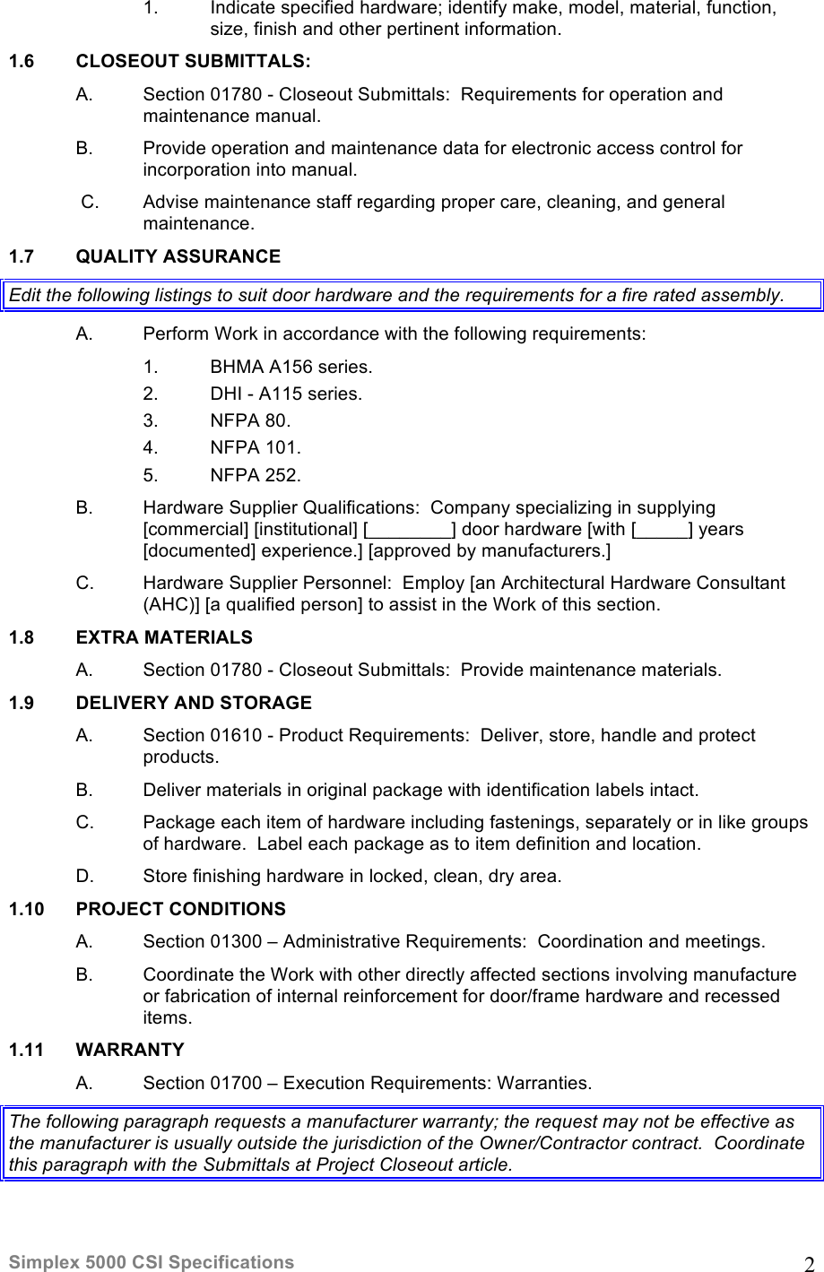 Page 2 of 4 - Kaba Access - Simplex 5000 CSI Specs For Binder Specifications Series Mechanical Pushbutton Locks Simplex-5000-csi-specifications