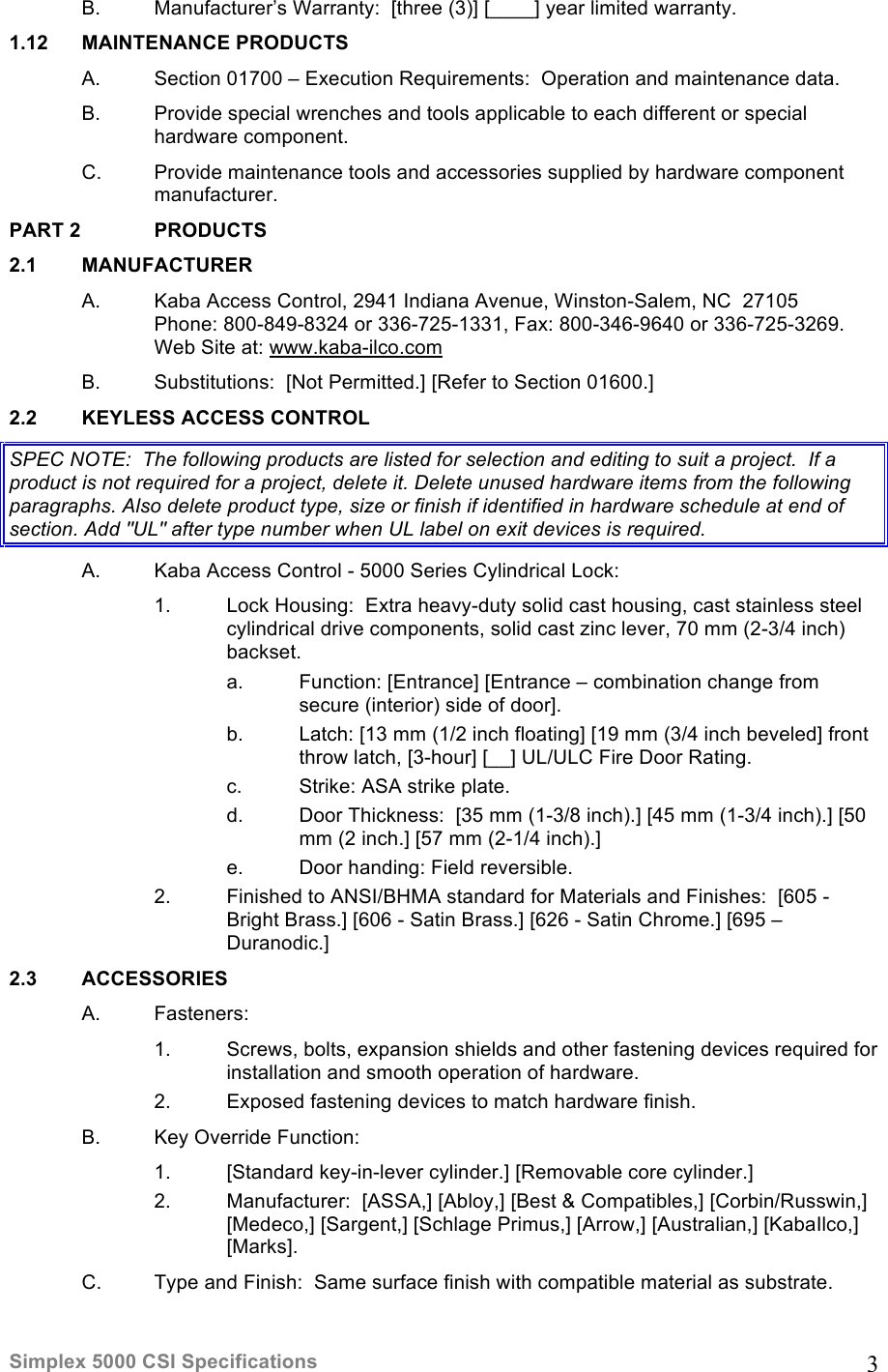 Page 3 of 4 - Kaba Access - Simplex 5000 CSI Specs For Binder Specifications Series Mechanical Pushbutton Locks Simplex-5000-csi-specifications