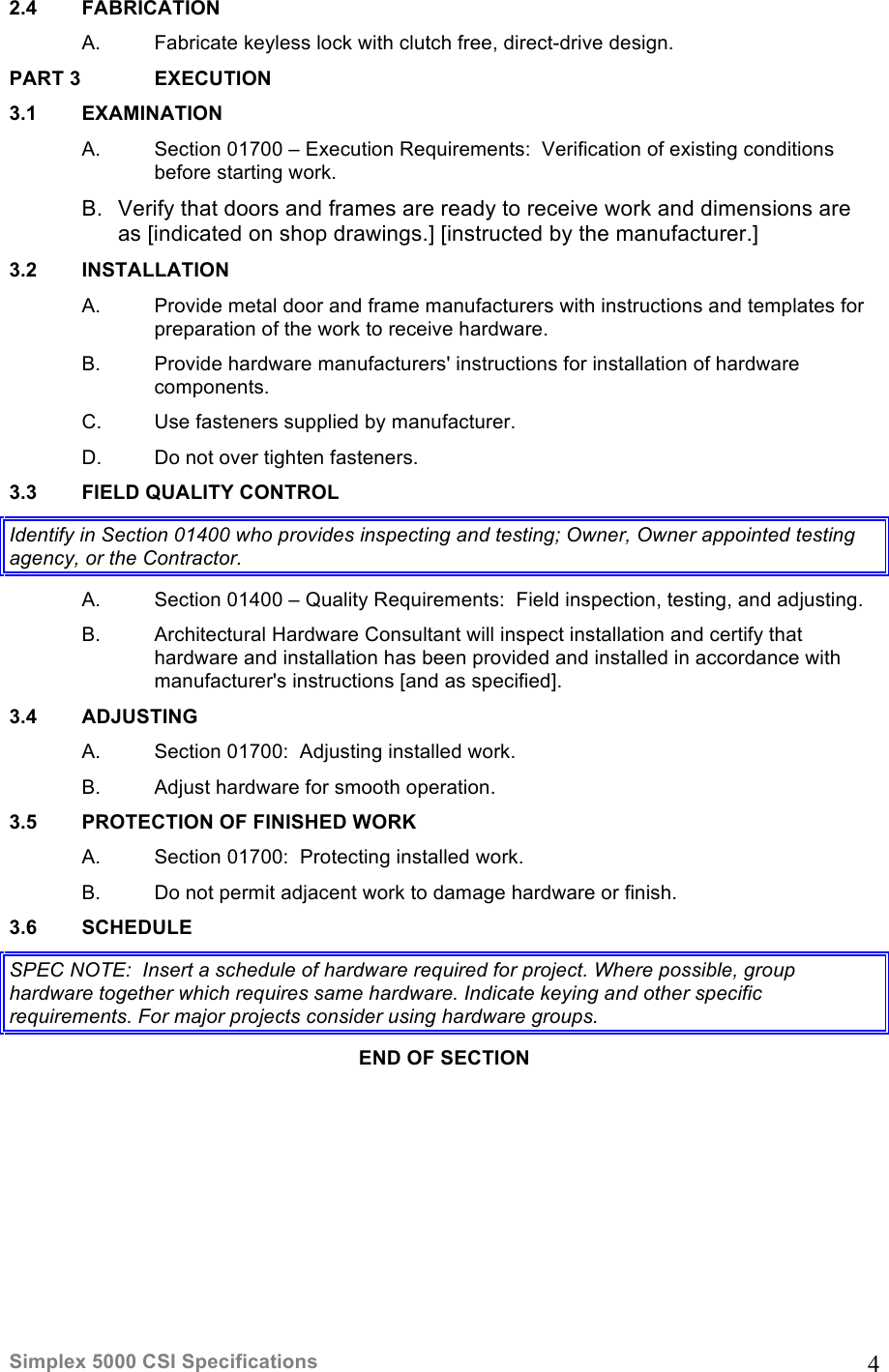 Page 4 of 4 - Kaba Access - Simplex 5000 CSI Specs For Binder Specifications Series Mechanical Pushbutton Locks Simplex-5000-csi-specifications