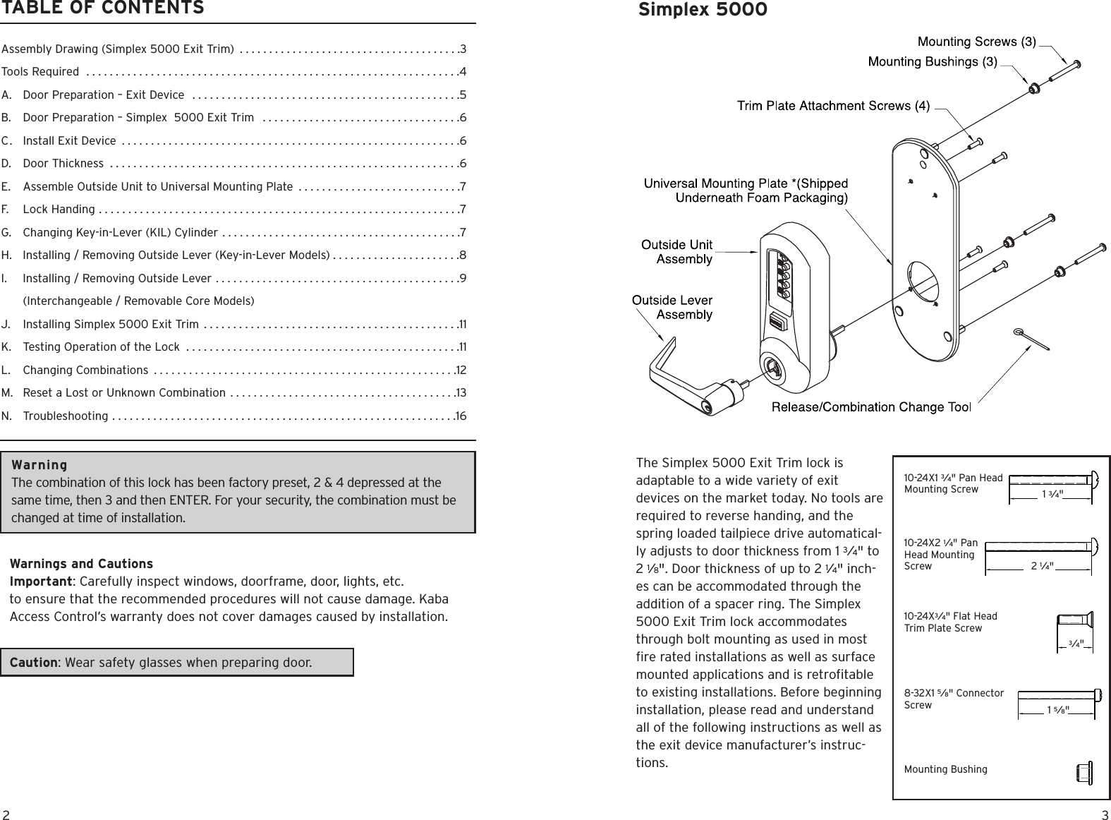Page 2 of 12 - Kaba Access  Simplex Mechanical Pushbutton Lock - 5000 Series Exit Installation Instructions Simplex-5000-exit-installation-instructions-pkg3054