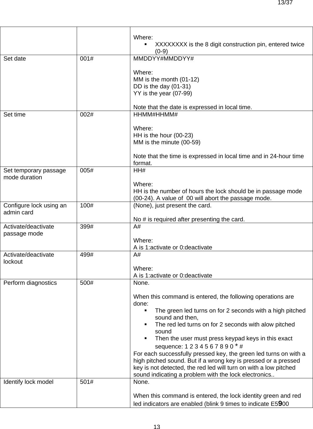  13/37          13 Where:   XXXXXXXX is the 8 digit construction pin, entered twice (0-9) Set date   001#  MMDDYY#MMDDYY#  Where: MM is the month (01-12) DD is the day (01-31) YY is the year (07-99)  Note that the date is expressed in local time. Set time  002#  HHMM#HHMM#  Where: HH is the hour (00-23) MM is the minute (00-59)  Note that the time is expressed in local time and in 24-hour time format. Set temporary passage mode duration  005# HH#  Where: HH is the number of hours the lock should be in passage mode (00-24). A value of  00 will abort the passage mode. Configure lock using an admin card  100#  (None), just present the card.  No # is required after presenting the card.   Activate/deactivate passage mode  399# A#  Where: A is 1:activate or 0:deactivate Activate/deactivate lockout  499# A#  Where: A is 1:activate or 0:deactivate Perform diagnostics  500#  None.  When this command is entered, the following operations are done:   The green led turns on for 2 seconds with a high pitched sound and then,   The red led turns on for 2 seconds with alow pitched sound   Then the user must press keypad keys in this exact sequence: 1 2 3 4 5 6 7 8 9 0 * # For each successfully pressed key, the green led turns on with a high pitched sound. But if a wrong key is pressed or a pressed key is not detected, the red led will turn on with a low pitched sound indicating a problem with the lock electronics..   Identify lock model  501#  None.  When this command is entered, the lock identity green and red led indicators are enabled (blink 9 times to indicate E5900 