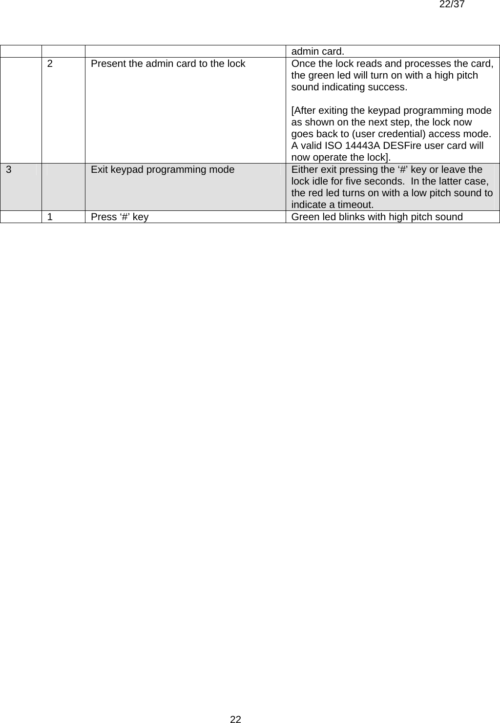  22/37          22admin card.   2  Present the admin card to the lock  Once the lock reads and processes the card, the green led will turn on with a high pitch sound indicating success.  [After exiting the keypad programming mode as shown on the next step, the lock now goes back to (user credential) access mode. A valid ISO 14443A DESFire user card will now operate the lock]. 3   Exit keypad programming mode  Either exit pressing the ‘#’ key or leave the lock idle for five seconds.  In the latter case, the red led turns on with a low pitch sound to indicate a timeout.   1  Press ‘#’ key  Green led blinks with high pitch sound  