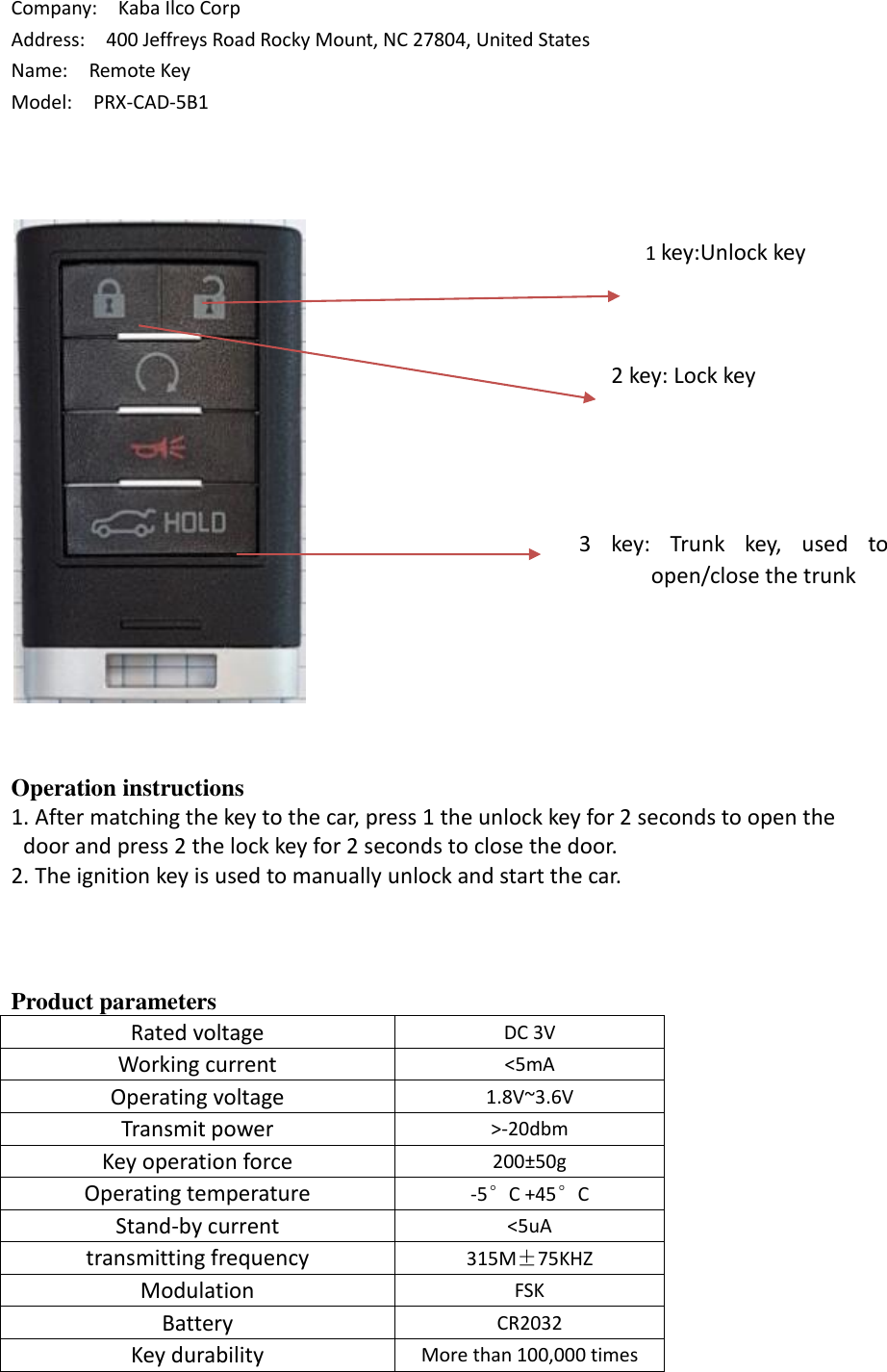 Page 1 of Kaba Ilco GMP3A Remote Key User Manual