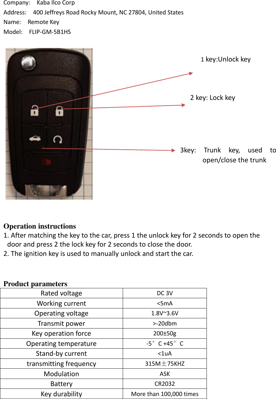 Page 1 of Kaba Ilco GMR3A Remote Key User Manual