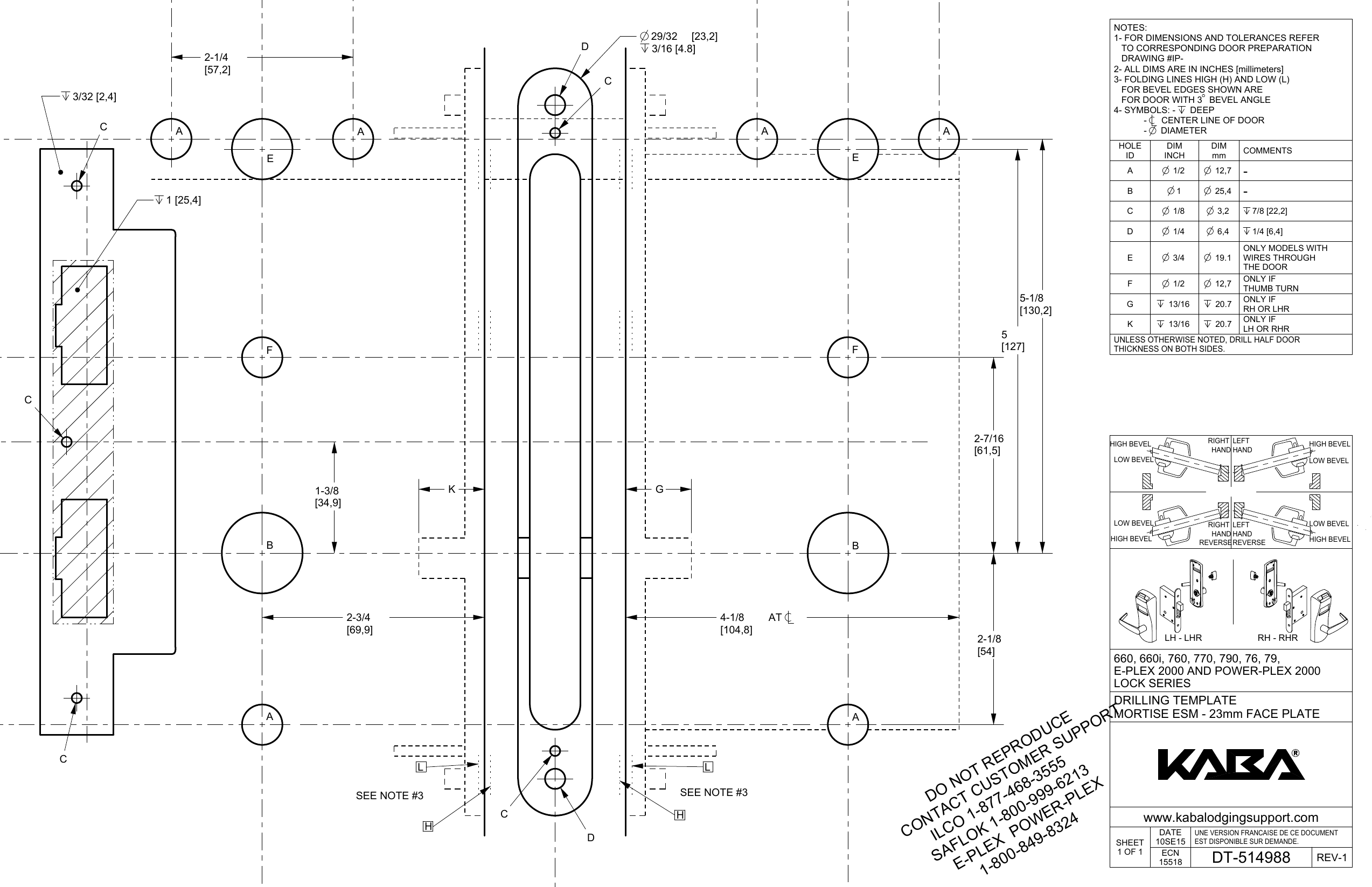 Page 1 of 1 - Kaba  660, 660i, 760, 770, 790, 76, 79, E2000, P2000, E7900 Lock Series Mortise ESM - 23mm Face Plate DT-514988 (V1) 660-660i-760-770-790-76-79-e2000-p2000-e7900-lock-series-mortise-esm-23mm-face-plate-dt-514988-v1