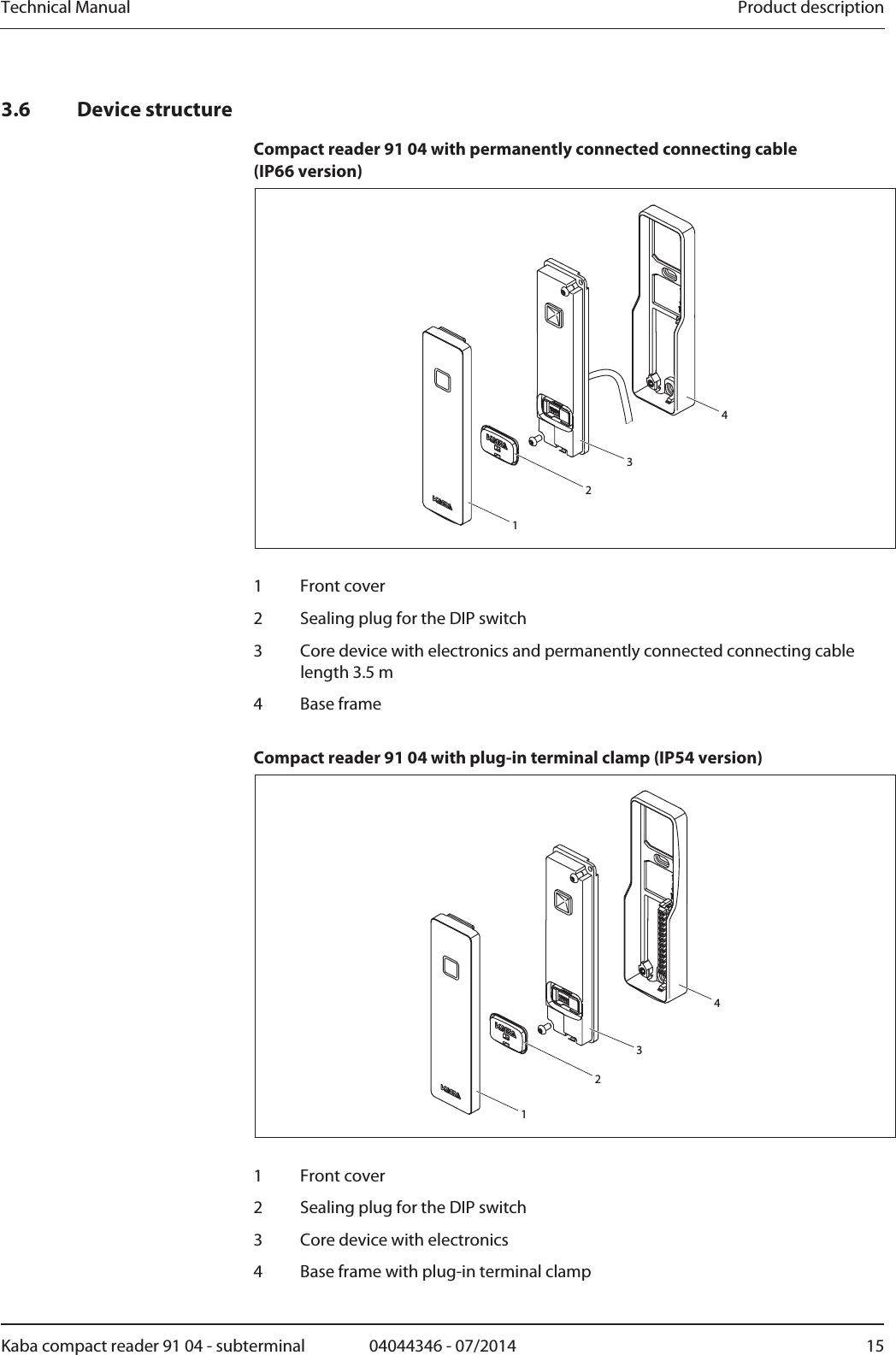 Technical Manual  Product descriptionKaba compact reader 91 04 - subterminal  04044346 - 07/2014  153.6 Device structure Compact reader 91 04 with permanently connected connecting cable (IP66 version) 4321  1 Front cover 2  Sealing plug for the DIP switch 3  Core device with electronics and permanently connected connecting cable length 3.5 m 4 Base frame  Compact reader 91 04 with plug-in terminal clamp (IP54 version) 4321  1 Front cover 2  Sealing plug for the DIP switch 3  Core device with electronics 4  Base frame with plug-in terminal clamp 