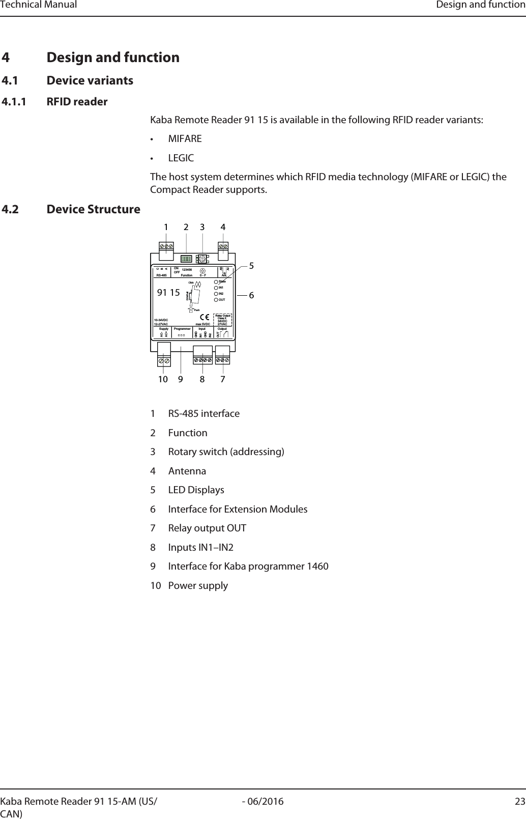 Technical Manual Design and function23- 06/2016Kaba Remote Reader 91 15-AM (US/CAN)4 Design and function4.1 Device variants4.1.1 RFID readerKaba Remote Reader 91 15 is available in the following RFID reader variants:• MIFARE• LEGICThe host system determines which RFID media technology (MIFARE or LEGIC) theCompact Reader supports.4.2 Device Structure0123456789ABC91 15StateIN1IN2OUTGNDAC-AC+BACGNDIN1IN221PushClickDIN-RailASA+OUTOutputAnt.Function 0 - F123456ONOFFRS-485InputProgrammerSupply10-34VDC12-27VAC 34VDCClass IIRelay Output27VACmax 5VDC1 2 3 456789101 RS-485 interface2 Function3 Rotary switch (addressing)4 Antenna5 LED Displays6 Interface for Extension Modules7 Relay output OUT8 Inputs IN1–IN29 Interface for Kaba programmer 146010 Power supply