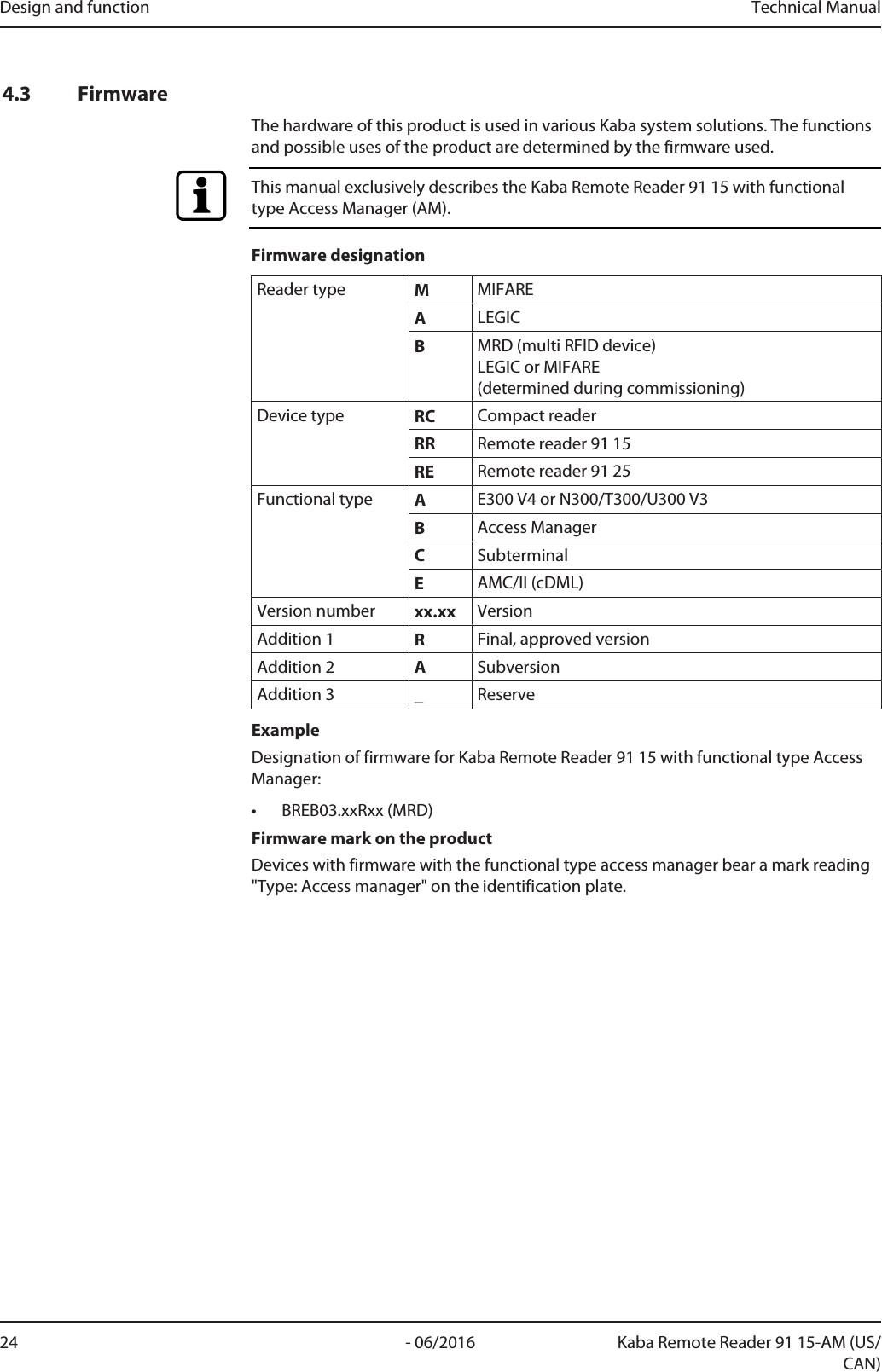 Design and function Technical Manual24 - 06/2016 Kaba Remote Reader 91 15-AM (US/CAN)4.3 FirmwareThe hardware of this product is used in various Kaba system solutions. The functionsand possible uses of the product are determined by the firmware used.This manual exclusively describes the Kaba Remote Reader 91 15 with functionaltype Access Manager (AM).Firmware designationReader type MMIFAREALEGICBMRD (multi RFID device)LEGIC or MIFARE(determined during commissioning)Device type RC CompactreaderRR Remotereader 91 15RE Remotereader 91 25Functional type AE300 V4 or N300/T300/U300 V3BAccess ManagerCSubterminalEAMC/II (cDML)Version number xx.xx VersionAddition 1 RFinal, approved versionAddition 2 ASubversionAddition 3 _ReserveExampleDesignation of firmware for Kaba Remote Reader 91 15 with functional type AccessManager:• BREB03.xxRxx (MRD)Firmware mark on the productDevices with firmware with the functional type access manager bear a mark reading&quot;Type: Access manager&quot; on the identification plate.