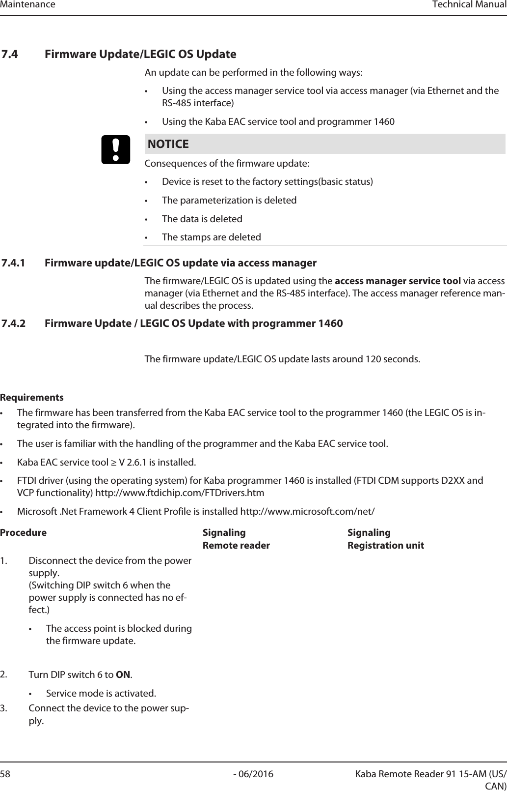 Maintenance Technical Manual58 - 06/2016 Kaba Remote Reader 91 15-AM (US/CAN)7.4 Firmware Update/LEGIC OS UpdateAn update can be performed in the following ways:• Using the access manager service tool via access manager (via Ethernet and theRS-485 interface)• Using the Kaba EAC service tool and programmer 1460NOTICEConsequences of the firmware update:• Device is reset to the factory settings(basic status)• The parameterization is deleted• The data is deleted• The stamps are deleted7.4.1 Firmware update/LEGIC OS update via access managerThe firmware/LEGIC OS is updated using the access manager service tool via accessmanager (via Ethernet and the RS-485 interface). The access manager reference man-ual describes the process.7.4.2 Firmware Update / LEGIC OS Update with programmer 1460The firmware update/LEGICOS update lasts around 120 seconds.Requirements• The firmware has been transferred from the Kaba EAC service tool to the programmer 1460 (the LEGIC OS is in-tegrated into the firmware).• The user is familiar with the handling of the programmer and the Kaba EAC service tool.• Kaba EAC service tool ≥ V 2.6.1 is installed.• FTDI driver (using the operating system) for Kaba programmer 1460 is installed (FTDI CDM supports D2XX andVCP functionality) http://www.ftdichip.com/FTDrivers.htm• Microsoft .Net Framework 4 Client Profile is installed http://www.microsoft.com/net/Procedure SignalingRemote readerSignalingRegistration unit1. Disconnect the device from the powersupply.(Switching DIP switch 6 when thepower supply is connected has no ef-fect.)• The access point is blocked duringthe firmware update.2. Turn DIP switch 6 to ON.• Service mode is activated.3. Connect the device to the power sup-ply.