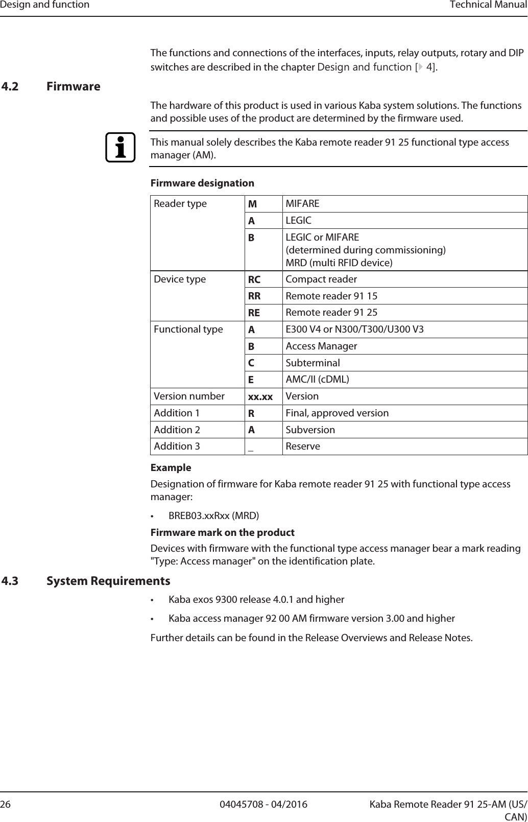 Design and function Technical Manual26 04045708 - 04/2016 Kaba Remote Reader 91 25-AM (US/CAN)The functions and connections of the interfaces, inputs, relay outputs, rotary and DIPswitches are described in the chapterDesign and function [}4].4.2 FirmwareThe hardware of this product is used in various Kaba system solutions. The functionsand possible uses of the product are determined by the firmware used.This manual solely describes the Kaba remote reader 91 25 functional type accessmanager (AM).Firmware designationReader type MMIFAREALEGICBLEGIC or MIFARE(determined during commissioning)MRD (multi RFID device)Device type RC CompactreaderRR Remotereader 91 15RE Remotereader 91 25Functional type AE300 V4 or N300/T300/U300 V3BAccess ManagerCSubterminalEAMC/II (cDML)Version number xx.xx VersionAddition 1 RFinal, approved versionAddition 2 ASubversionAddition 3 _ReserveExampleDesignation of firmware for Kaba remote reader 91 25 with functional type accessmanager:• BREB03.xxRxx (MRD)Firmware mark on the productDevices with firmware with the functional type access manager bear a mark reading&quot;Type: Access manager&quot; on the identification plate.4.3 System Requirements• Kabaexos9300 release 4.0.1 and higher• Kaba access manager 92 00 AM firmware version 3.00 and higherFurther details can be found in the Release Overviews and Release Notes.