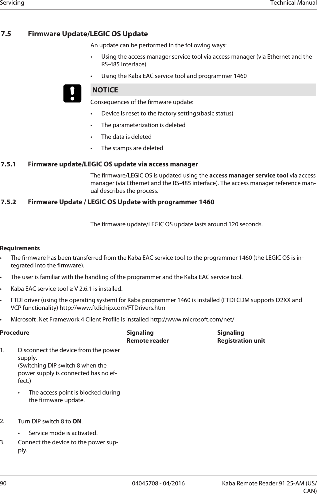 Servicing Technical Manual90 04045708 - 04/2016 Kaba Remote Reader 91 25-AM (US/CAN)7.5 Firmware Update/LEGIC OS UpdateAn update can be performed in the following ways:• Using the access manager service tool via access manager (via Ethernet and theRS-485 interface)• Using the Kaba EAC service tool and programmer 1460NOTICEConsequences of the firmware update:• Device is reset to the factory settings(basic status)• The parameterization is deleted• The data is deleted• The stamps are deleted7.5.1 Firmware update/LEGIC OS update via access managerThe firmware/LEGIC OS is updated using the access manager service tool via accessmanager (via Ethernet and the RS-485 interface). The access manager reference man-ual describes the process.7.5.2 Firmware Update / LEGIC OS Update with programmer 1460The firmware update/LEGICOS update lasts around 120 seconds.Requirements• The firmware has been transferred from the Kaba EAC service tool to the programmer 1460 (the LEGIC OS is in-tegrated into the firmware).• The user is familiar with the handling of the programmer and the Kaba EAC service tool.• Kaba EAC service tool ≥ V 2.6.1 is installed.• FTDI driver (using the operating system) for Kaba programmer 1460 is installed (FTDI CDM supports D2XX andVCP functionality) http://www.ftdichip.com/FTDrivers.htm• Microsoft .Net Framework 4 Client Profile is installed http://www.microsoft.com/net/Procedure SignalingRemote readerSignalingRegistration unit1. Disconnect the device from the powersupply.(Switching DIP switch 8 when thepower supply is connected has no ef-fect.)• The access point is blocked duringthe firmware update.2. Turn DIP switch 8 to ON.• Service mode is activated.3. Connect the device to the power sup-ply.