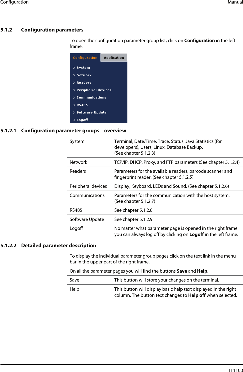 Configuration  Manual   5.1.2 Configuration parameters To open the configuration parameter group list, click on Configuration in the left frame.   5.1.2.1 Configuration parameter groups &ndash; overview System  Terminal, Date/Time, Trace, Status, Java Statistics (for developers), Users, Linux, Database Backup. (See chapter 5.1.2.3) Network  TCP/IP, DHCP, Proxy, and FTP parameters (See chapter 5.1.2.4) Readers  Parameters for the available readers, barcode scanner and fingerprint reader. (See chapter 5.1.2.5) Peripheral devices  Display, Keyboard, LEDs and Sound. (See chapter 5.1.2.6) Communications   Parameters for the communication with the host system. (See chapter 5.1.2.7) RS485 See chapter 5.1.2.8Software Update  See chapter 5.1.2.9Logoff  No matter what parameter page is opened in the right frame you can always log off by clicking on Logoff in the left frame.  5.1.2.2 Detailed parameter description  To display the individual parameter group pages click on the text link in the menu bar in the upper part of the right frame.  On all the parameter pages you will find the buttons Save and Help. Save  This button will store your changes on the terminal.  Help  This button will display basic help text displayed in the right column. The button text changes to Help off when selected.    20  04044239 - 08/2013  TT1100 