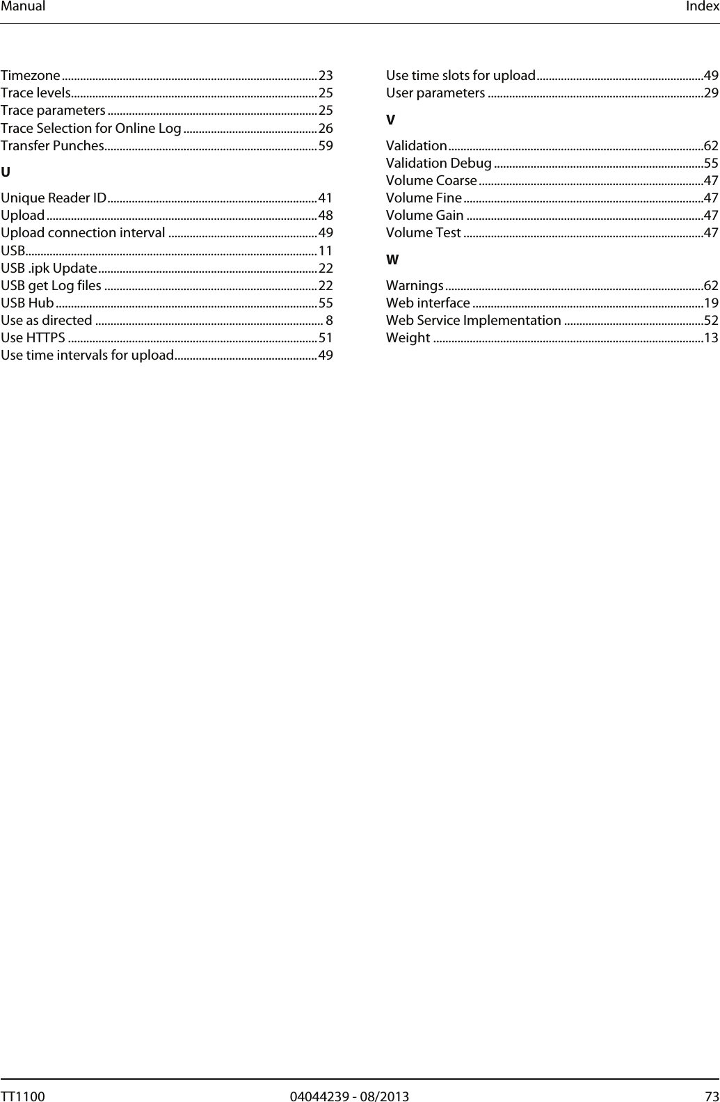 Manual  Index Timezone....................................................................................23 Trace levels.................................................................................25 Trace parameters .....................................................................25 Trace Selection for Online Log............................................26 Transfer Punches......................................................................59 U Unique Reader ID.....................................................................41 Upload.........................................................................................48 Upload connection interval .................................................49 USB................................................................................................11 USB .ipk Update........................................................................22 USB get Log files ......................................................................22 USB Hub......................................................................................55 Use as directed ........................................................................... 8 Use HTTPS ..................................................................................51 Use time intervals for upload...............................................49 Use time slots for upload.......................................................49 User parameters .......................................................................29 V Validation....................................................................................62 Validation Debug.....................................................................55 Volume Coarse..........................................................................47 Volume Fine...............................................................................47 Volume Gain ..............................................................................47 Volume Test ...............................................................................47 W Warnings.....................................................................................62 Web interface ............................................................................19 Web Service Implementation ..............................................52 Weight .........................................................................................13  TT1100  04044239 - 08/2013  73 