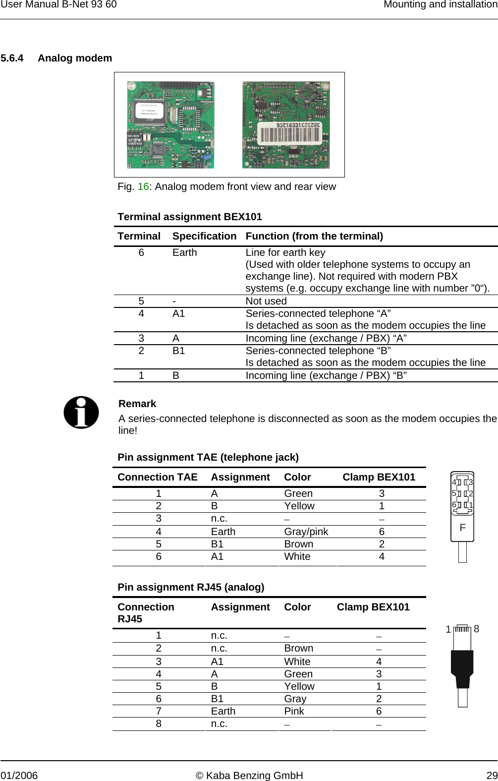 User Manual B-Net 93 60   Mounting and installation  01/2006  © Kaba Benzing GmbH  29   5.6.4 Analog modem      Fig. 16: Analog modem front view and rear view  Terminal assignment BEX101 Terminal Specification Function (from the terminal) 6  Earth  Line for earth key (Used with older telephone systems to occupy an exchange line). Not required with modern PBX systems (e.g. occupy exchange line with number ”0“). 5 -  Not used 4  A1  Series-connected telephone “A” Is detached as soon as the modem occupies the line 3  A  Incoming line (exchange / PBX) “A” 2  B1  Series-connected telephone “B” Is detached as soon as the modem occupies the line 1  B  Incoming line (exchange / PBX) “B”    Remark A series-connected telephone is disconnected as soon as the modem occupies the line!  Pin assignment TAE (telephone jack) Connection TAE  Assignment  Color  Clamp BEX101 1 A  Green  3 2 B  Yellow  1 3 n.c.  − − 4 Earth Gray/pink 6 5 B1  Brown  2 6 A1  White  4 F123456  Pin assignment RJ45 (analog) Connection RJ45  Assignment Color  Clamp BEX101 1 n.c.  − − 2 n.c.  Brown  − 3 A1  White  4 4 A  Green  3 5 B  Yellow  1 6 B1  Gray  2 7 Earth Pink  6 8 n.c.  − −  18  