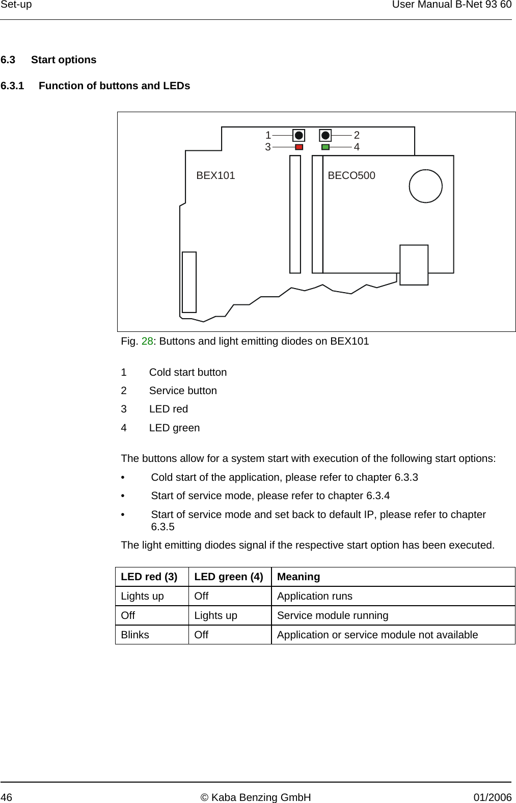 Set-up  User Manual B-Net 93 60 46  © Kaba Benzing GmbH  01/2006   6.3 Start options  6.3.1  Function of buttons and LEDs    BEX101     BECO5001234 Fig. 28: Buttons and light emitting diodes on BEX101  1 Cold start button 2 Service button 3 LED red 4 LED green  The buttons allow for a system start with execution of the following start options: •  Cold start of the application, please refer to chapter 6.3.3  •  Start of service mode, please refer to chapter 6.3.4  •  Start of service mode and set back to default IP, please refer to chapter 6.3.5  The light emitting diodes signal if the respective start option has been executed.  LED red (3)  LED green (4)  Meaning Lights up  Off  Application runs Off  Lights up  Service module running Blinks  Off  Application or service module not available  