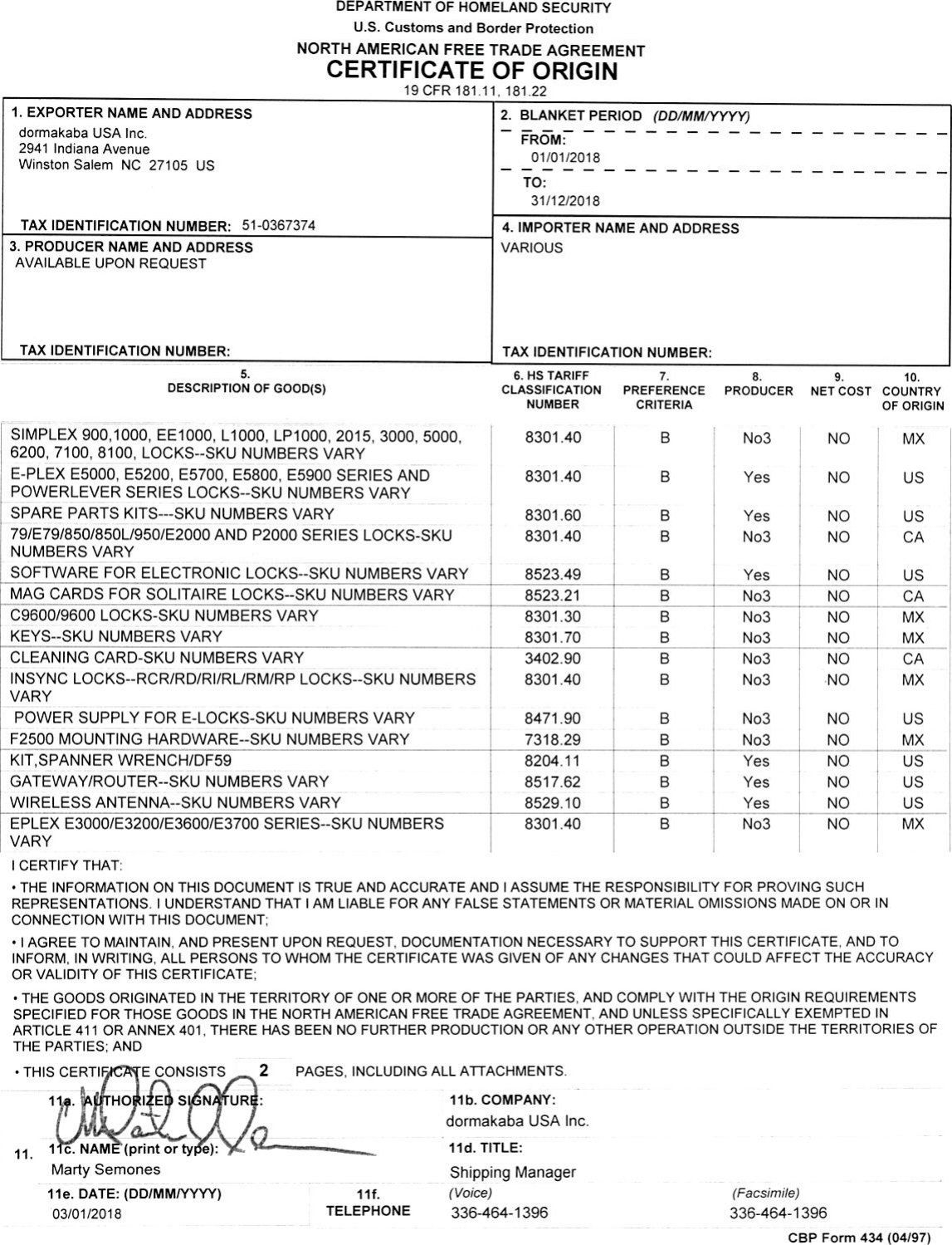 Page 1 of 2 - Kaba Scanned  BAA/ NAFTA Certificatepdf, 411 KB Baa-nafta-certificate
