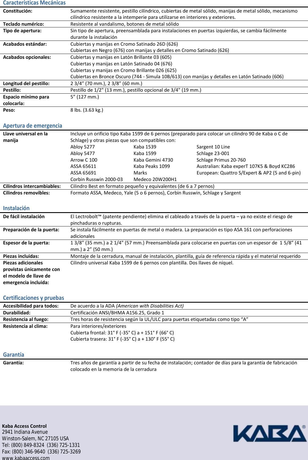 Page 2 of 2 - Kaba E-Plex 5700 Con Pestillo Cilíndrico 5200 Series Specifications - Spanish E-plex-5200-series-specifications-spanish