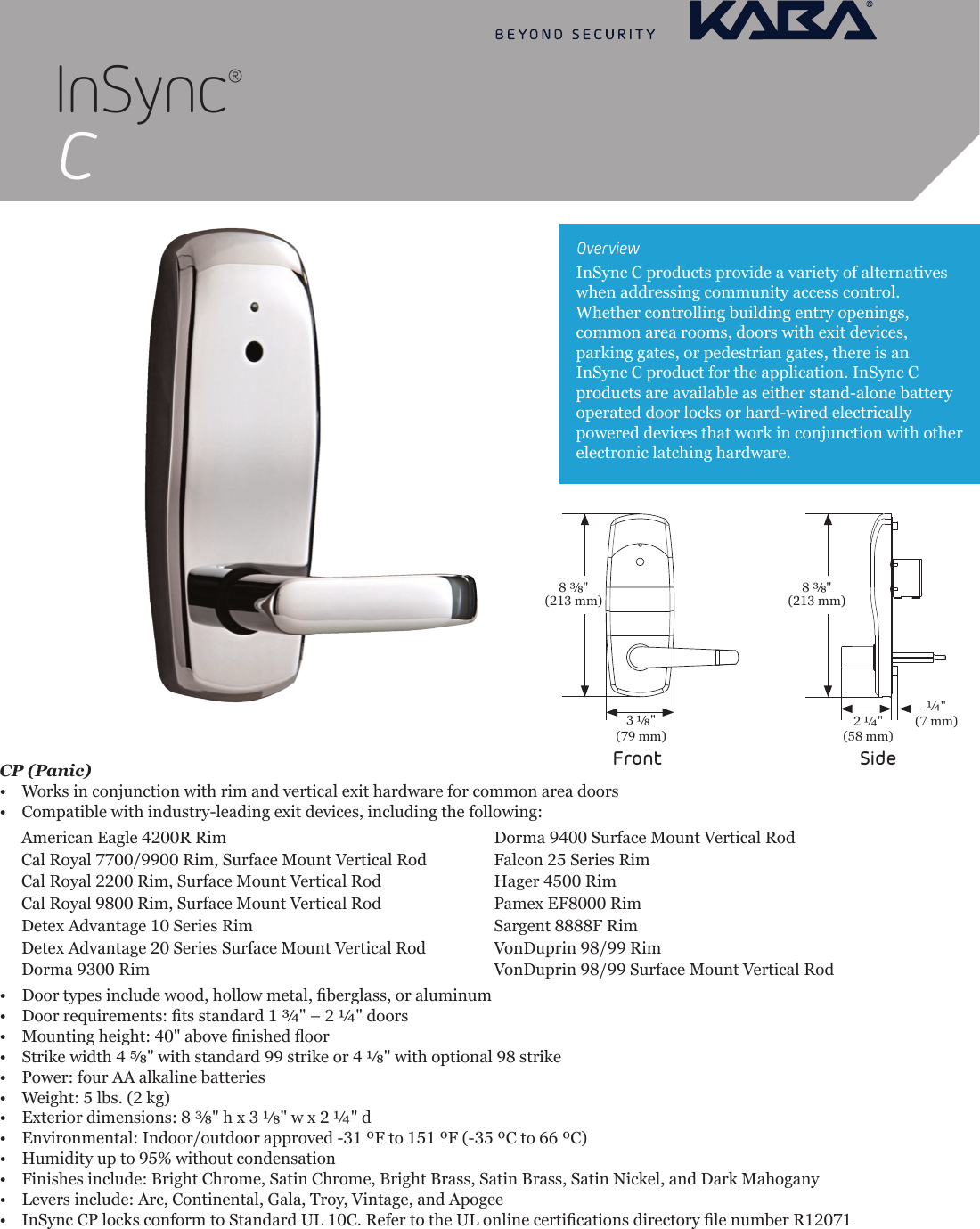 Kaba In Sync C Data Sheet Insync