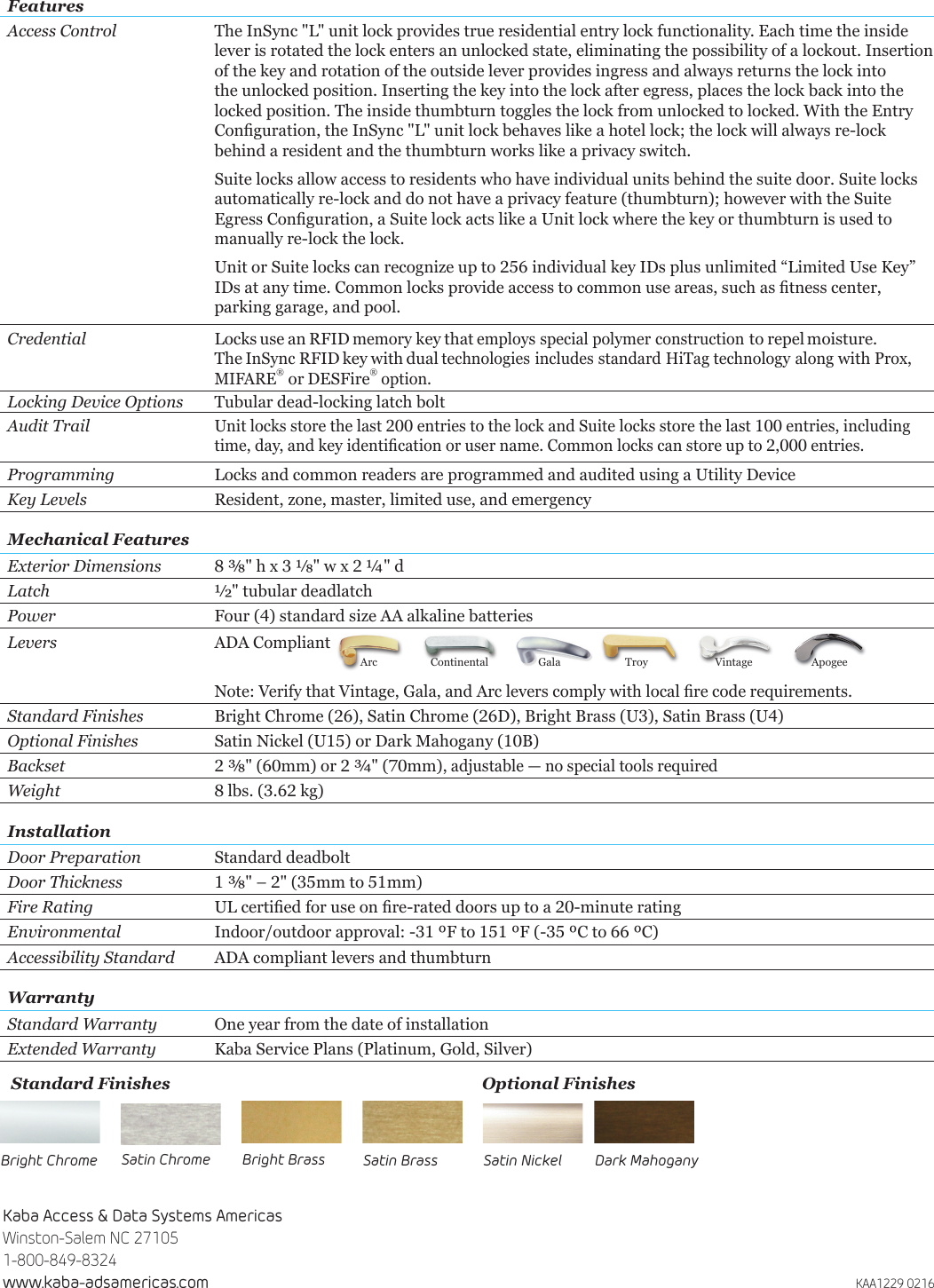 Page 2 of 2 - Kaba  In Sync L Data Sheet - KAA1229 Insync-l-data-sheet-kaa1229