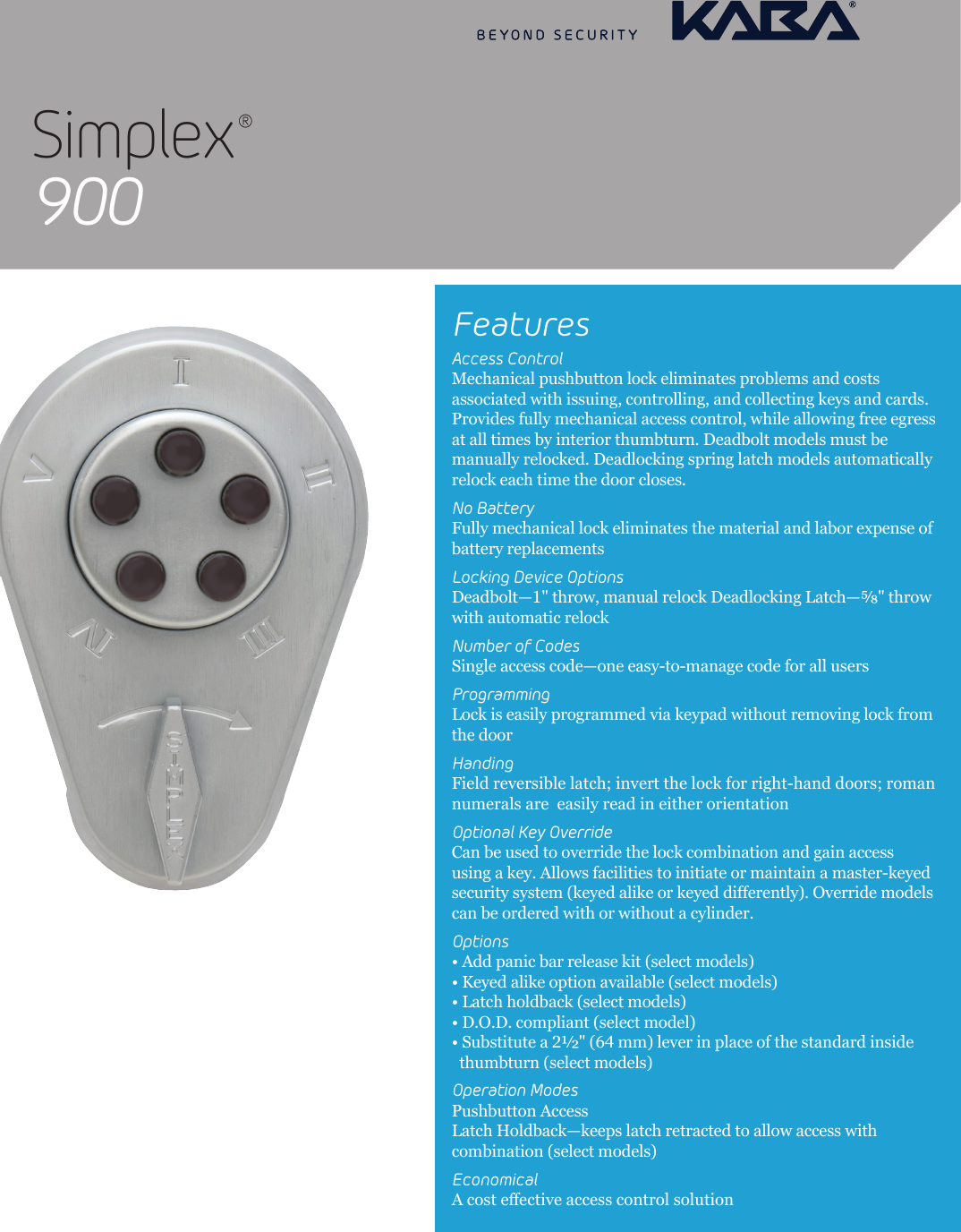 Page 1 of 2 - Kaba  Simplex 900 Series Specifications - KAA1352 Simplex-900-series-specifications-kaa1352