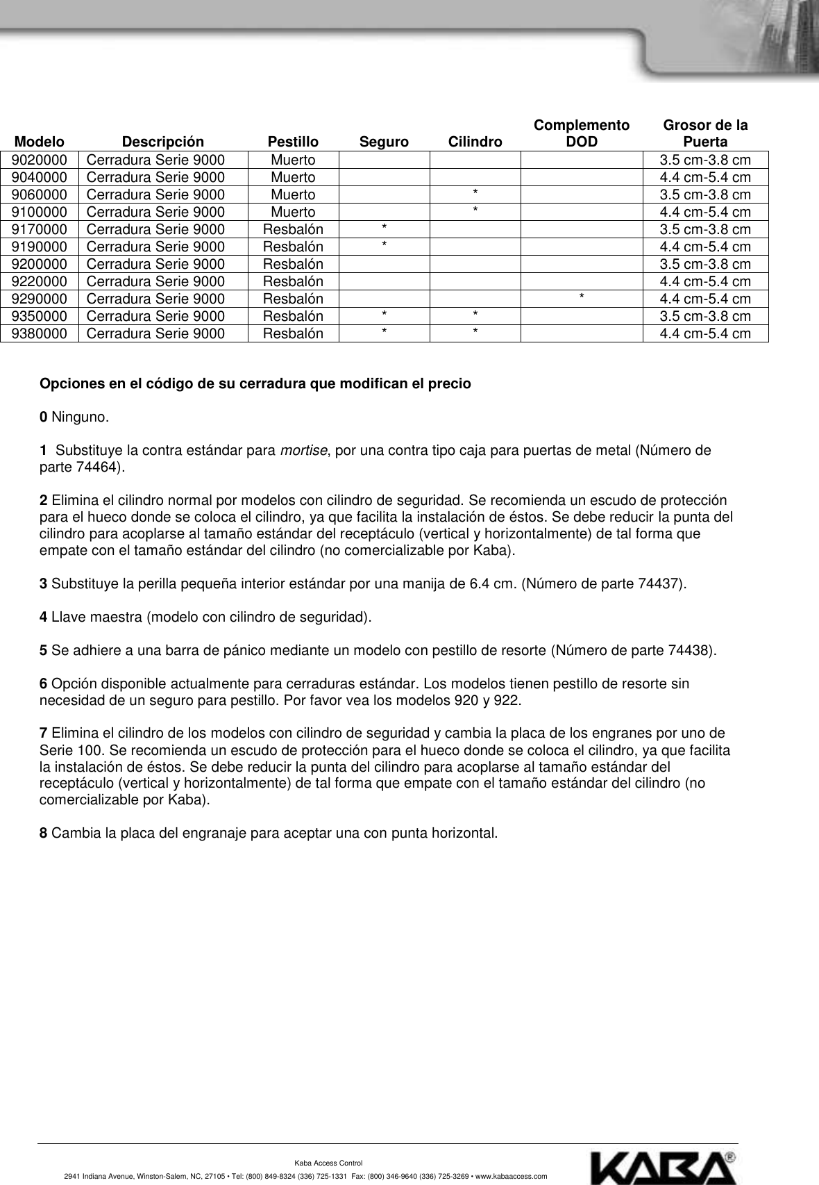 Page 2 of 2 - Kaba CERRADURA SIMPLEX 900 Specifications Simplex-900-specifications