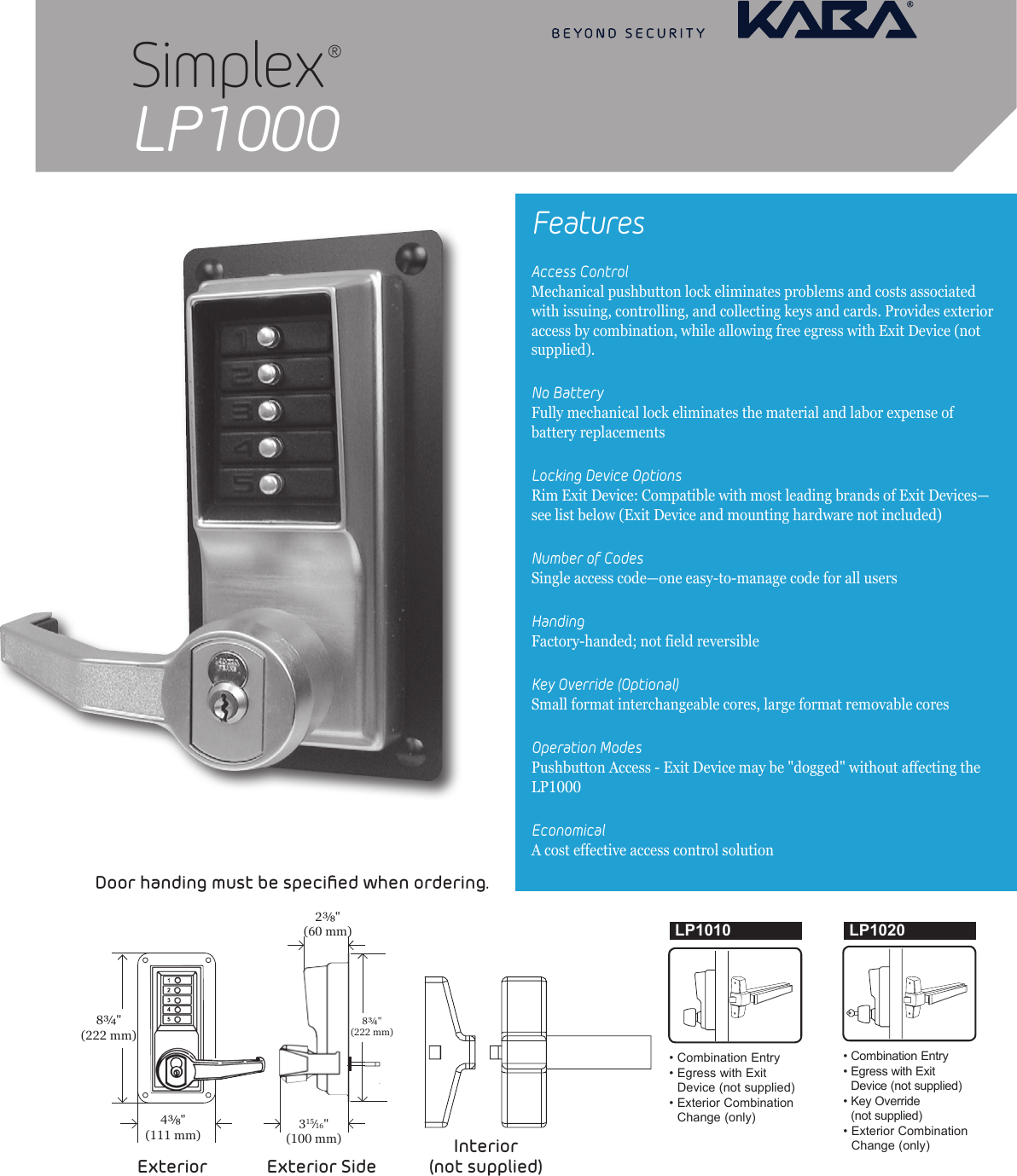 Page 1 of 2 - Kaba  Simplex LP1000 Series Specifications - KAA1359 Simplex-lp1000-series-specifications-kaa1359