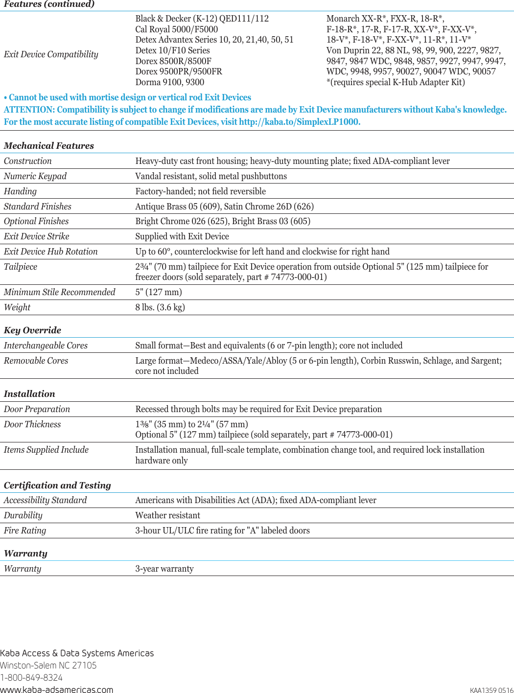 Page 2 of 2 - Kaba  Simplex LP1000 Series Specifications - KAA1359 Simplex-lp1000-series-specifications-kaa1359