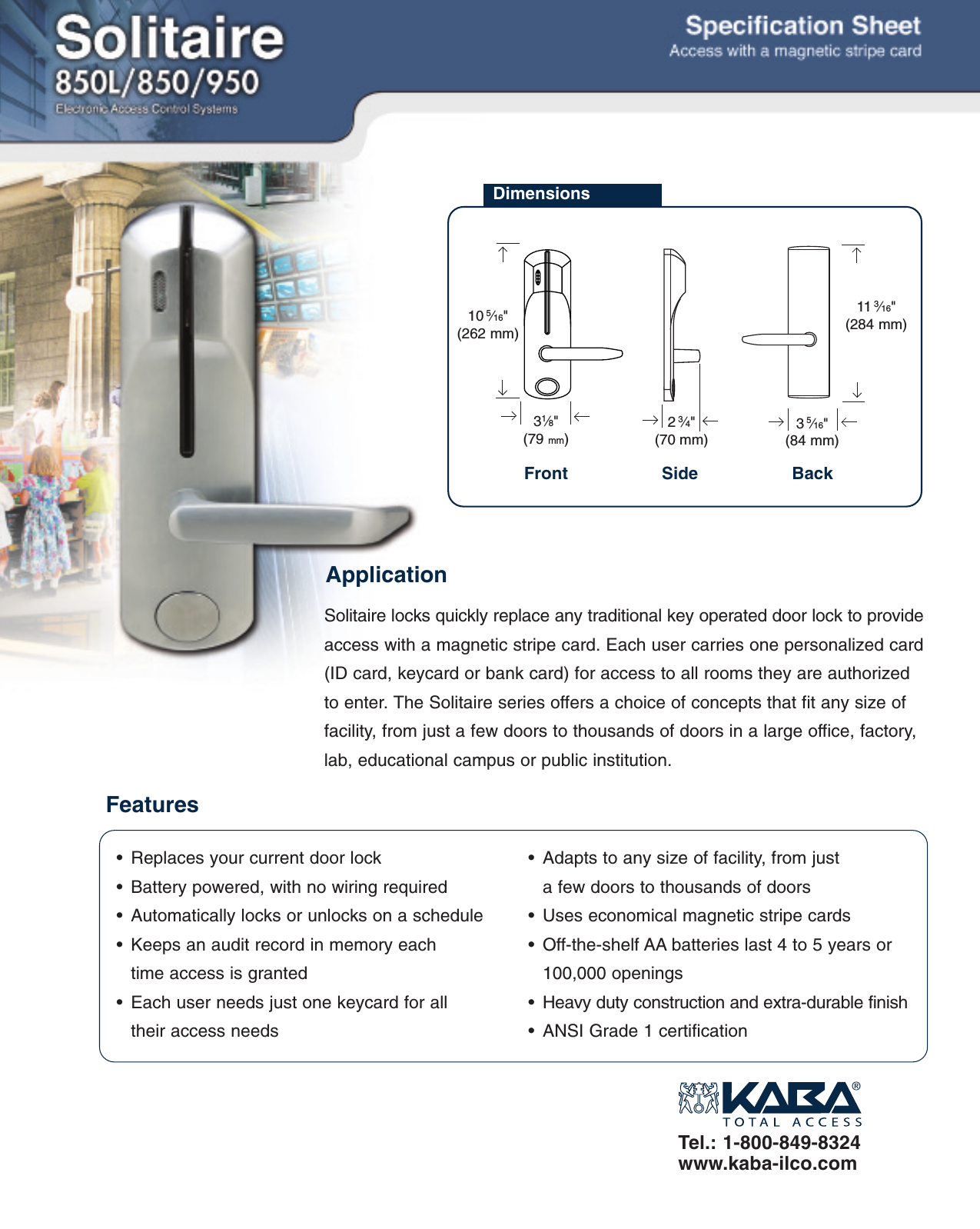 Page 1 of 2 - Kaba Solitaire 850L/850/950 Specifications - KAA1001 Solitaire-850l-850-950-specifications-kaa1001